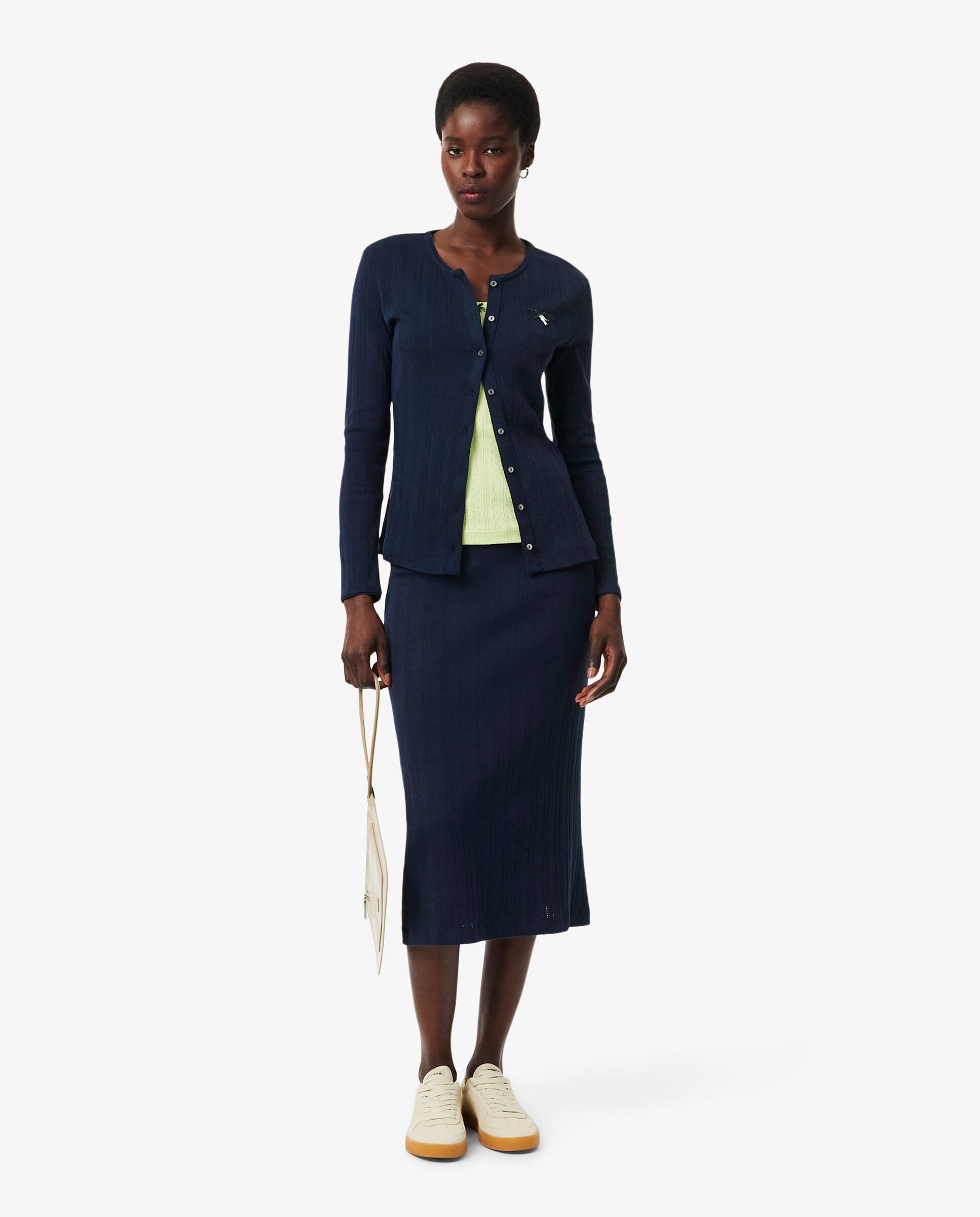 Falda midi de algodón de punto pointelle en azul - Lacoste - Azul marino Azul marino-4