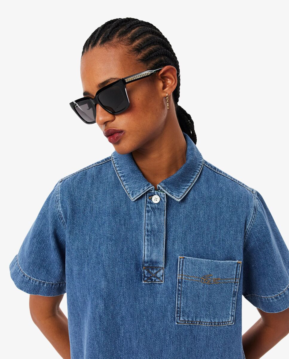 Vestido polo oversized de tejido denim de manga corta - Lacoste - Azul claro Azul claro-4