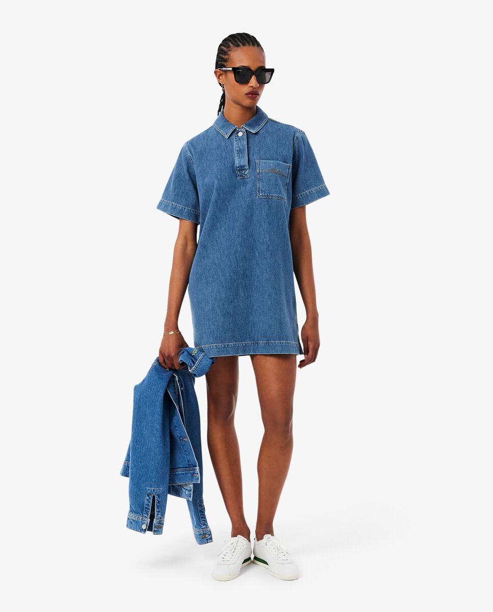 Vestido polo oversized de tejido denim de manga corta - Lacoste - Azul claro Azul claro-5