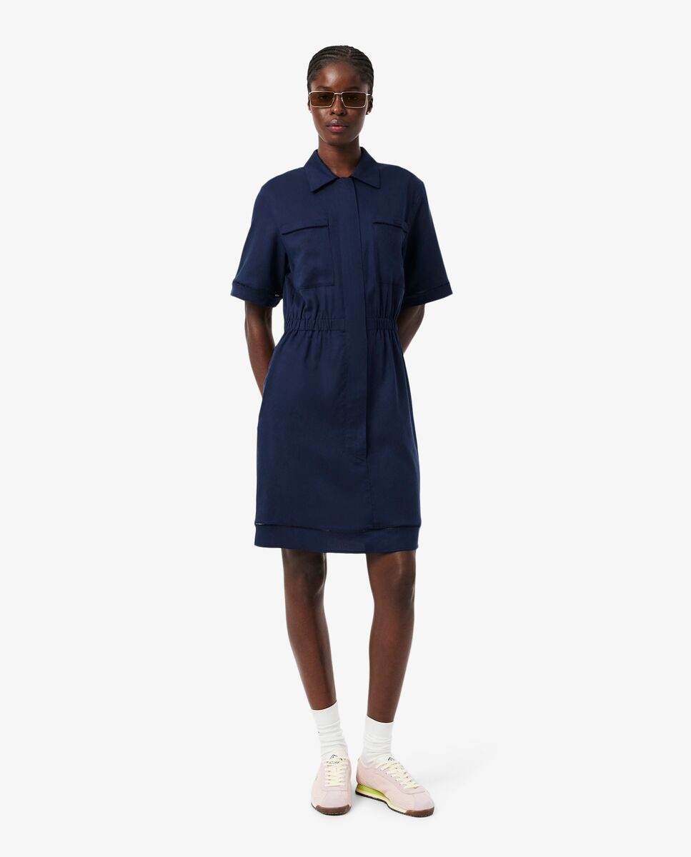 Lacoste - Vestido corto vaporoso de mezcla de lino en azul de manga corta.