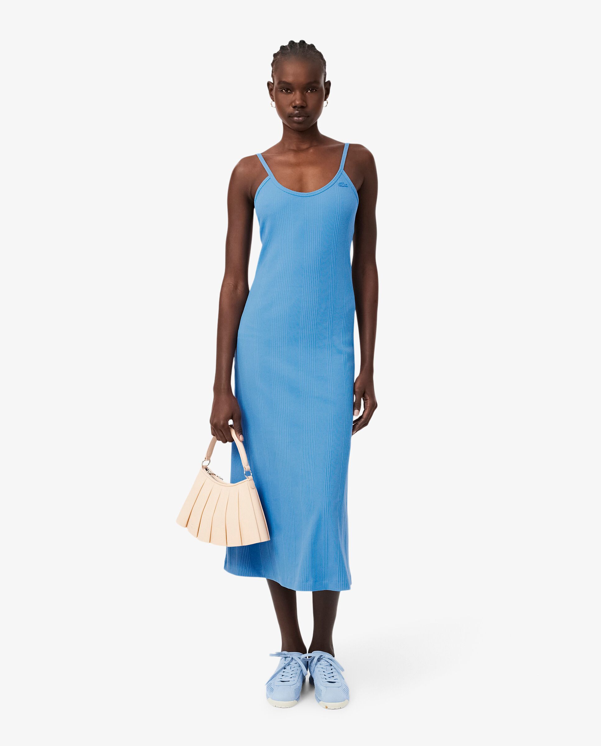 Lacoste - Vestido maxi de tirantes de canalé de algodón en azul de manga sin mangas.