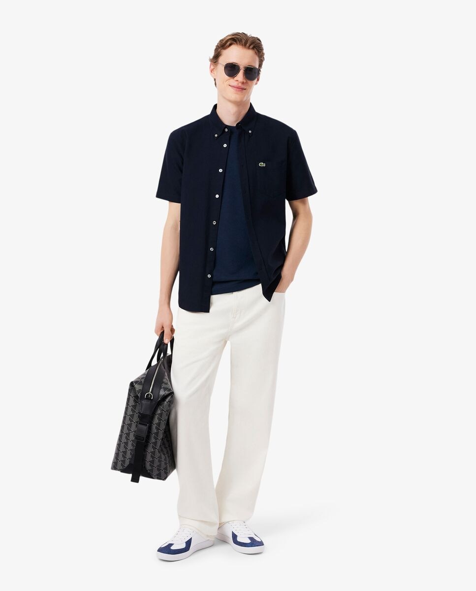 Camiseta de hombre de piqué de lino y algodón grueso de manga corta - Lacoste - Azul marino Azul marino-4