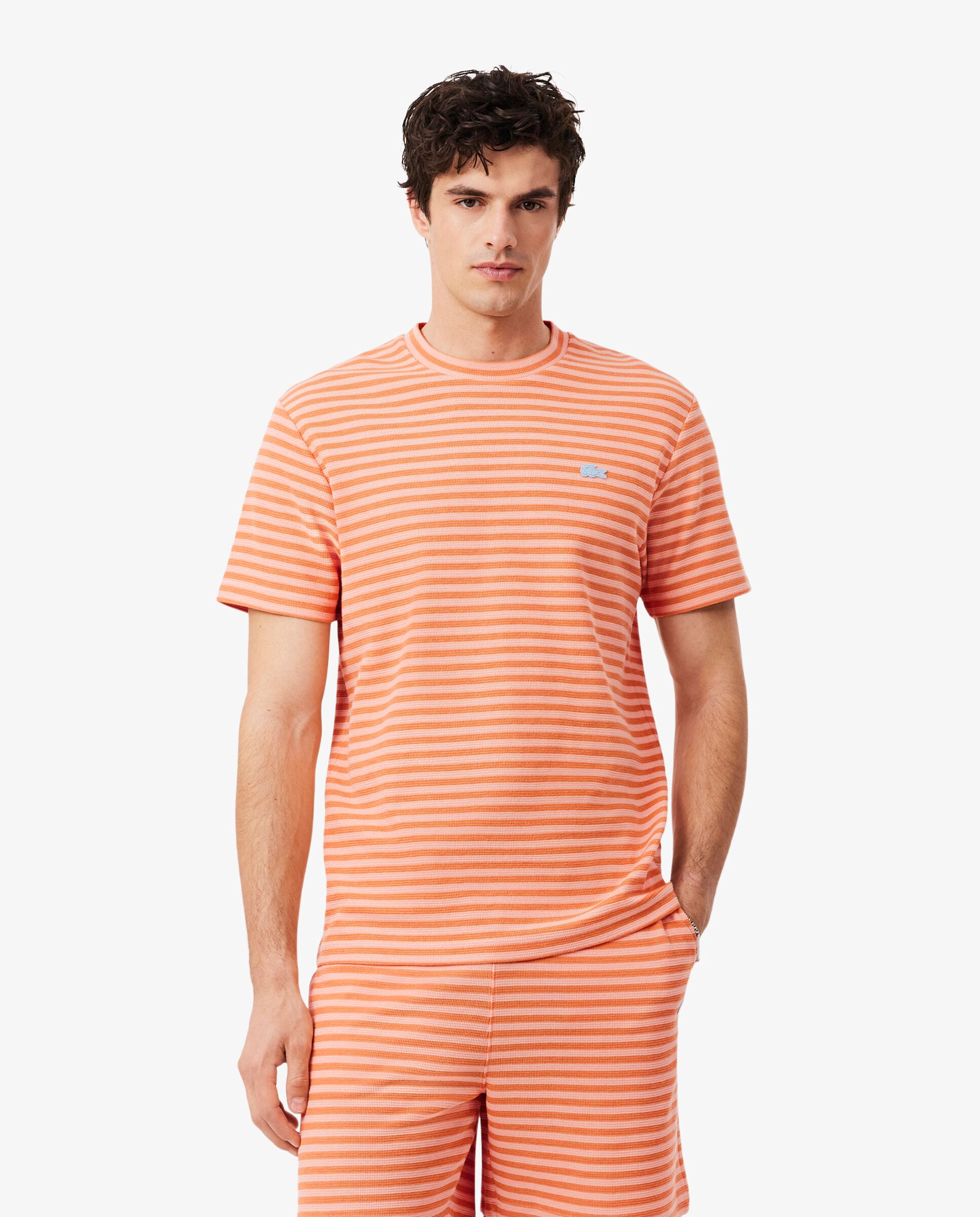 Lacoste - Camiseta de hombre de algodón de rayas con textura de manga corta.