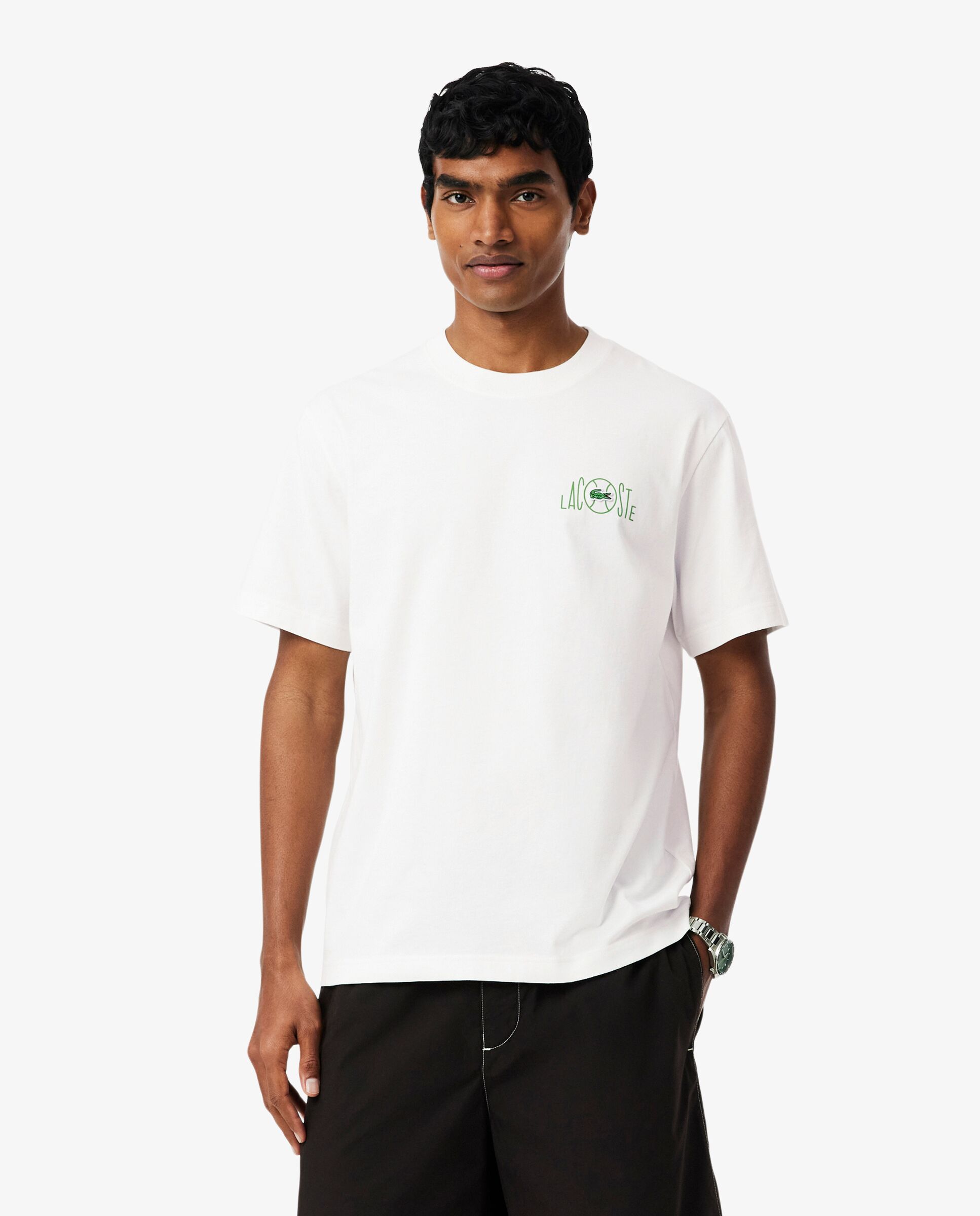 Lacoste - Camiseta de hombre de algodón estampada en blanco de manga corta.