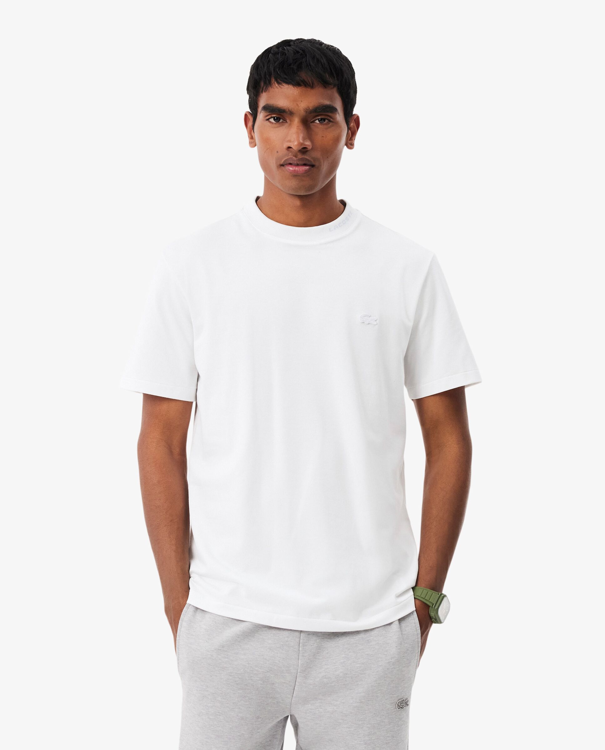 Camiseta de hombre de piqué con detalles de marca de jacquard de manga corta - Lacoste - Blanco Blanco-1