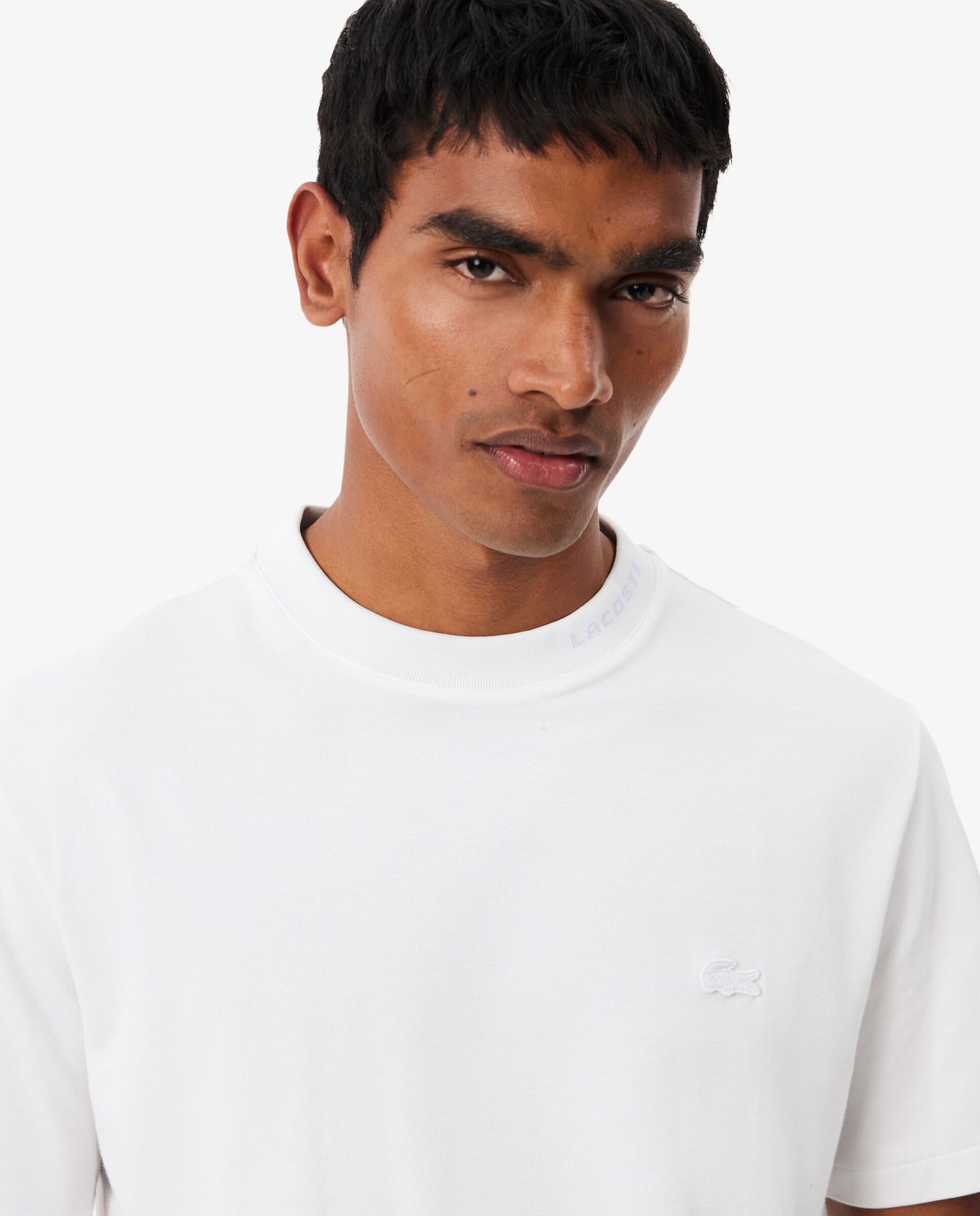 Camiseta de hombre de piqué con detalles de marca de jacquard de manga corta - Lacoste - Blanco Blanco-3