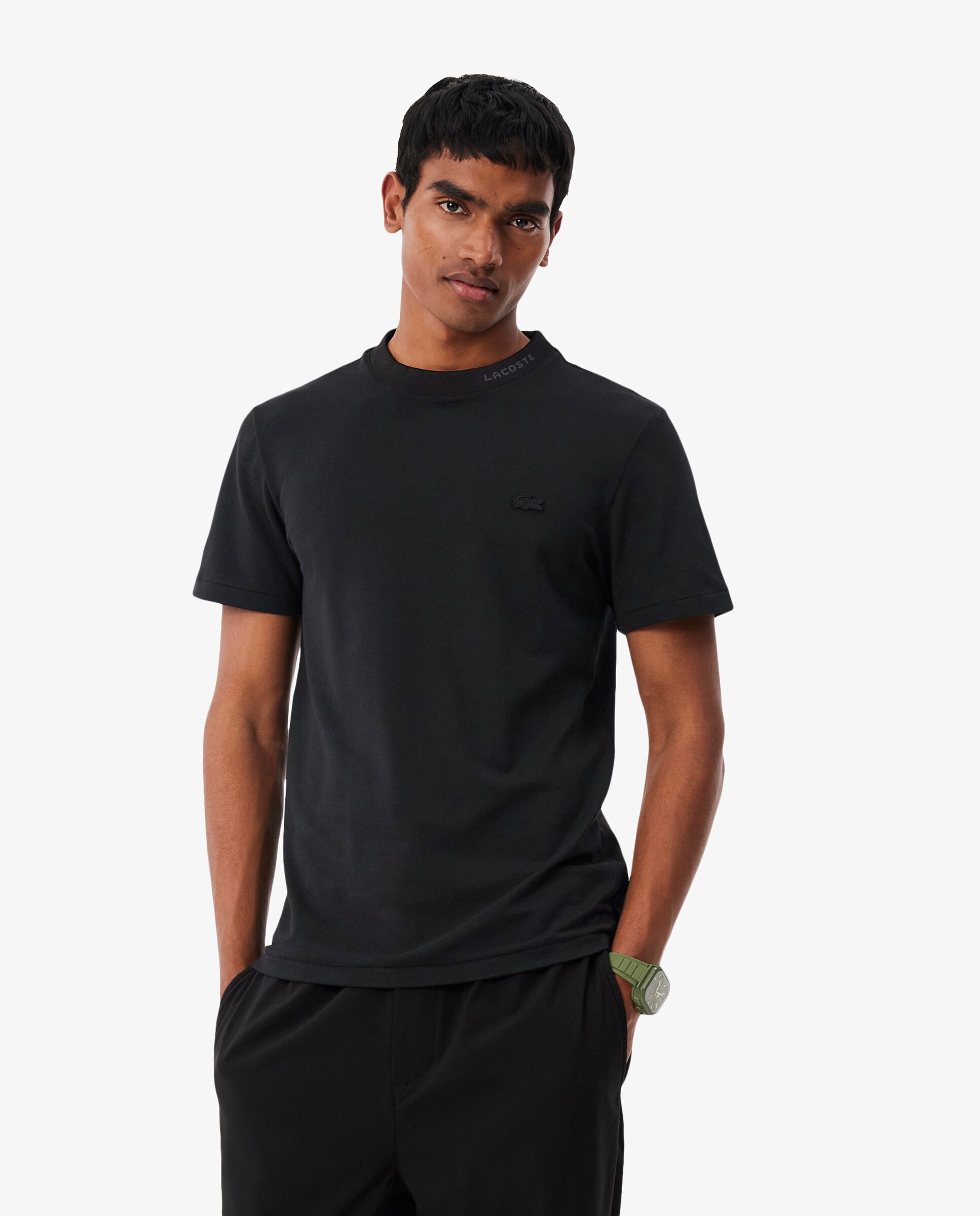 Camiseta de hombre de piqué con detalles de marca de jacquard de manga corta - Lacoste - Negro Negro-1