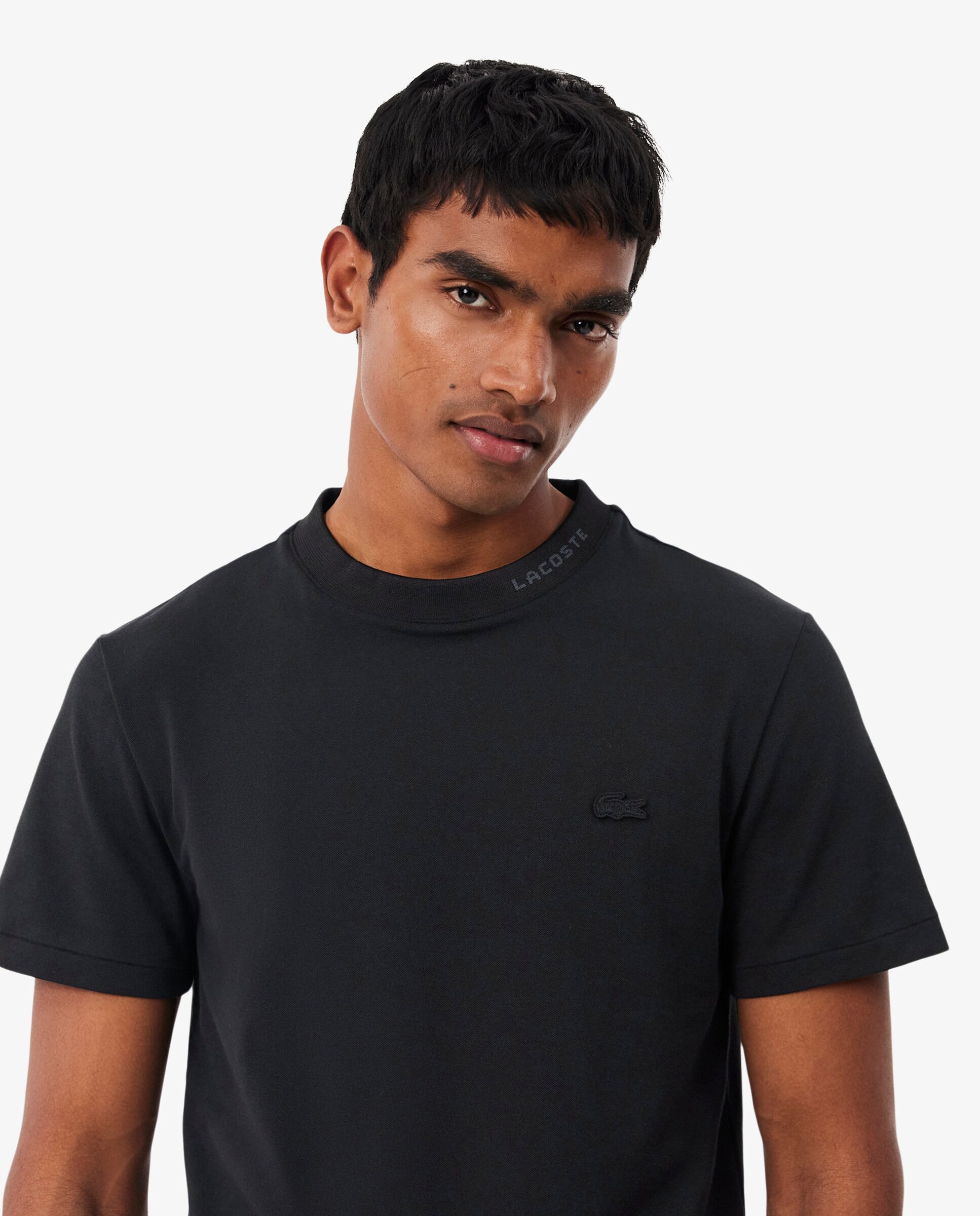 Camiseta de hombre de piqué con detalles de marca de jacquard de manga corta - Lacoste - Negro Negro-3