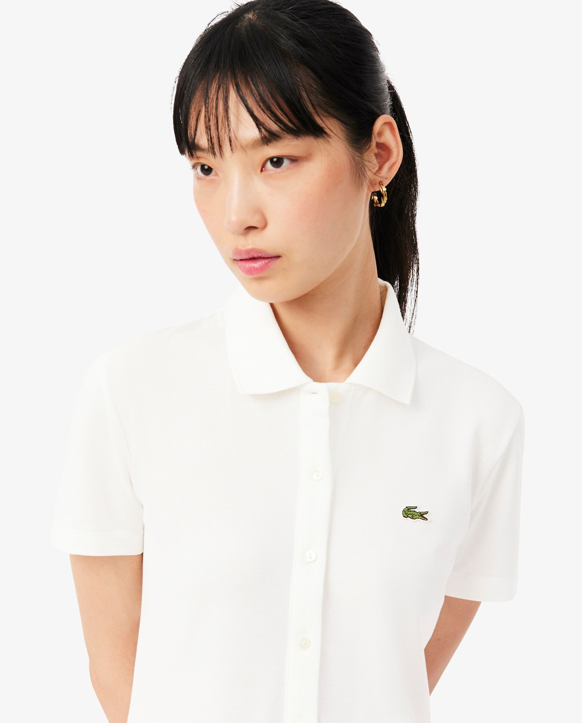 Vestido de mujer plisado de piqué elástico de manga corta - Lacoste - Blanco Blanco-3