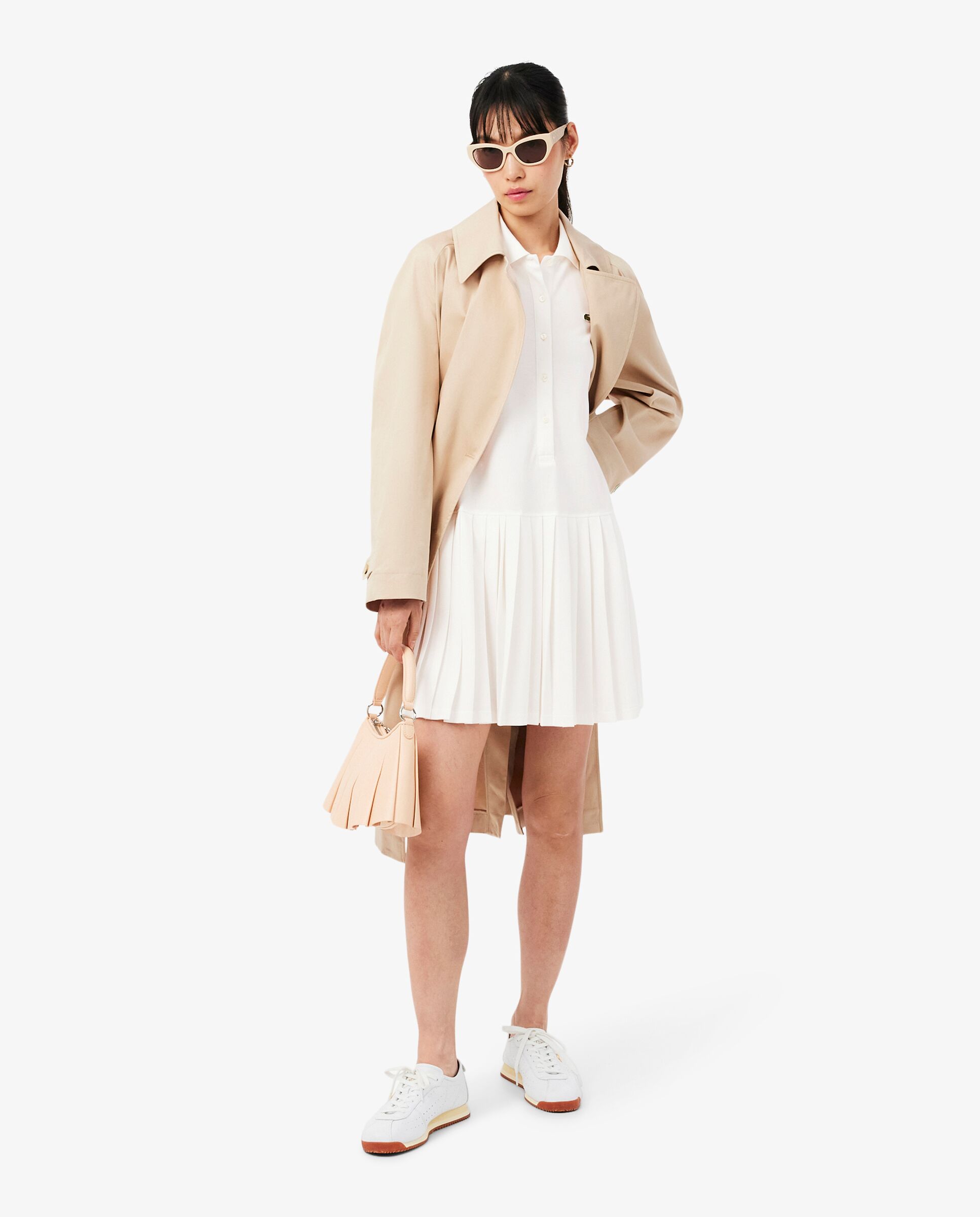 Vestido de mujer plisado de piqué elástico de manga corta - Lacoste - Blanco Blanco-4