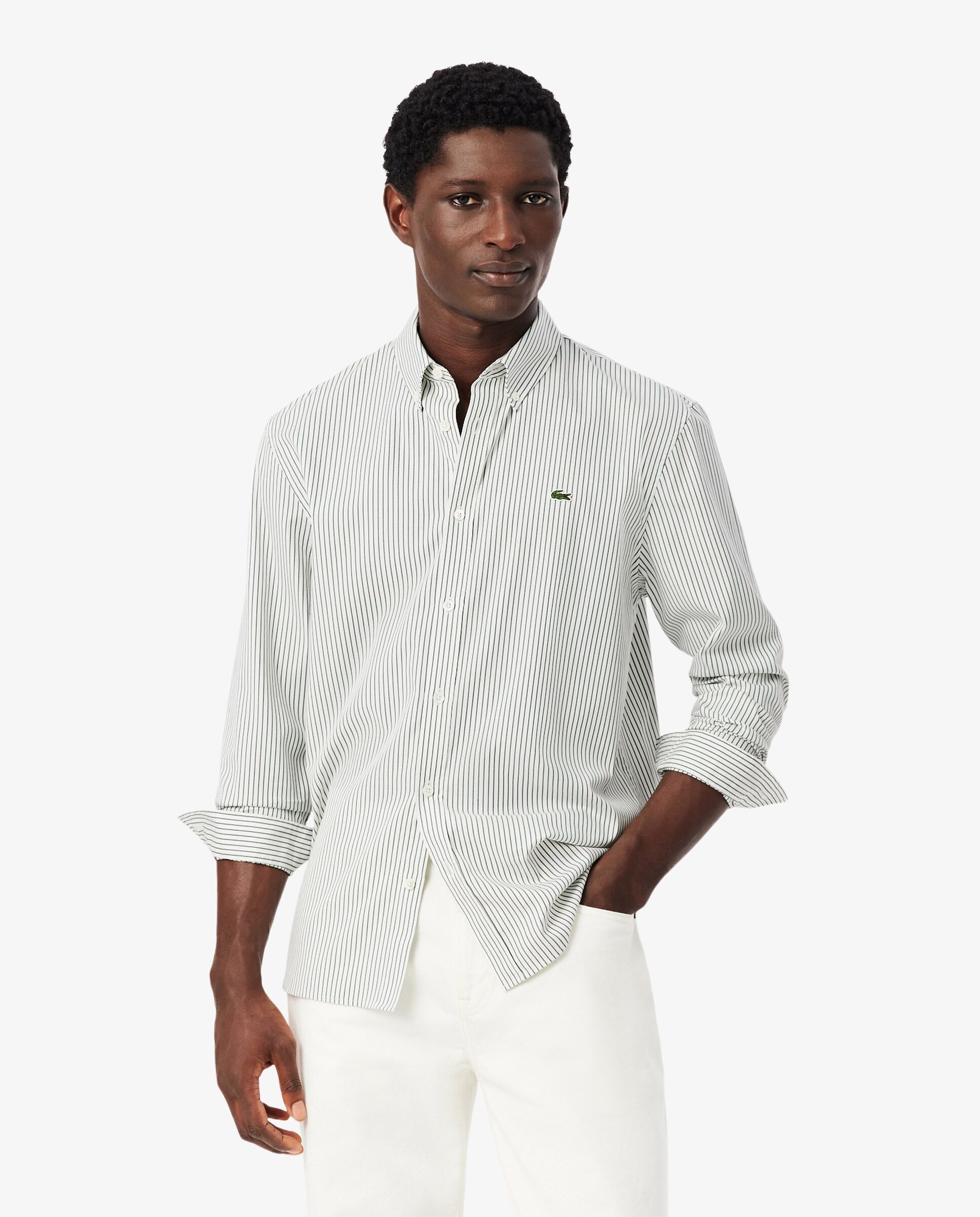 Lacoste - Camisa de hombre de pinpoint de rayas de corte regular de manga larga.