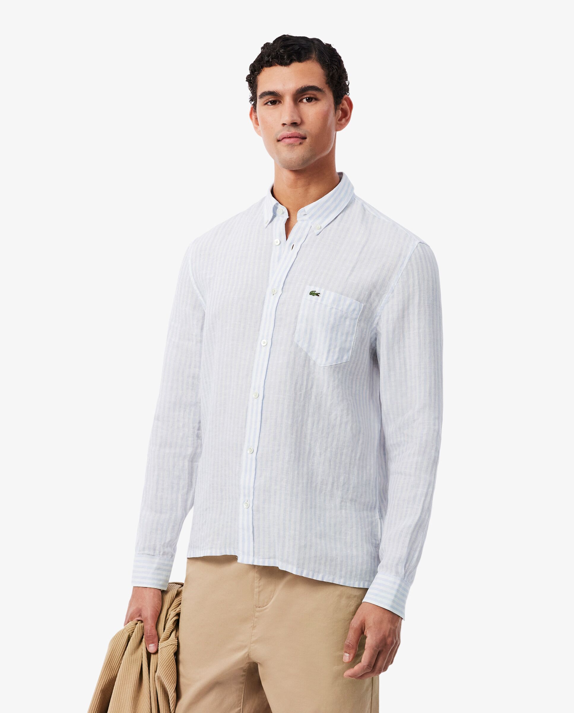 Imagen 1 de Camisa de hombre de lino de corte regular de rayas de manga larga - Azul claro Azul claro