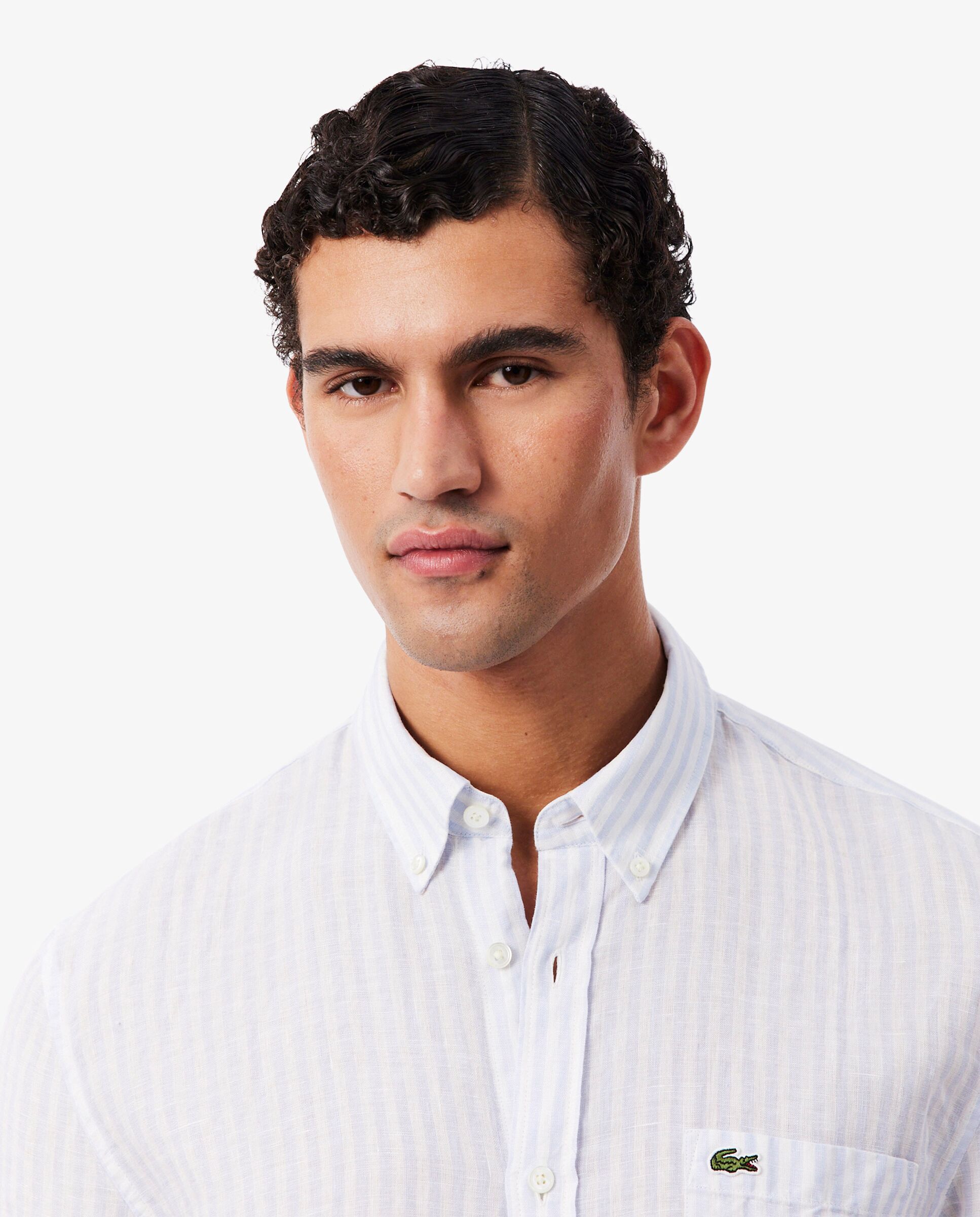 Imagen 3 de Camisa de hombre de lino de corte regular de rayas de manga larga - Azul claro Azul claro
