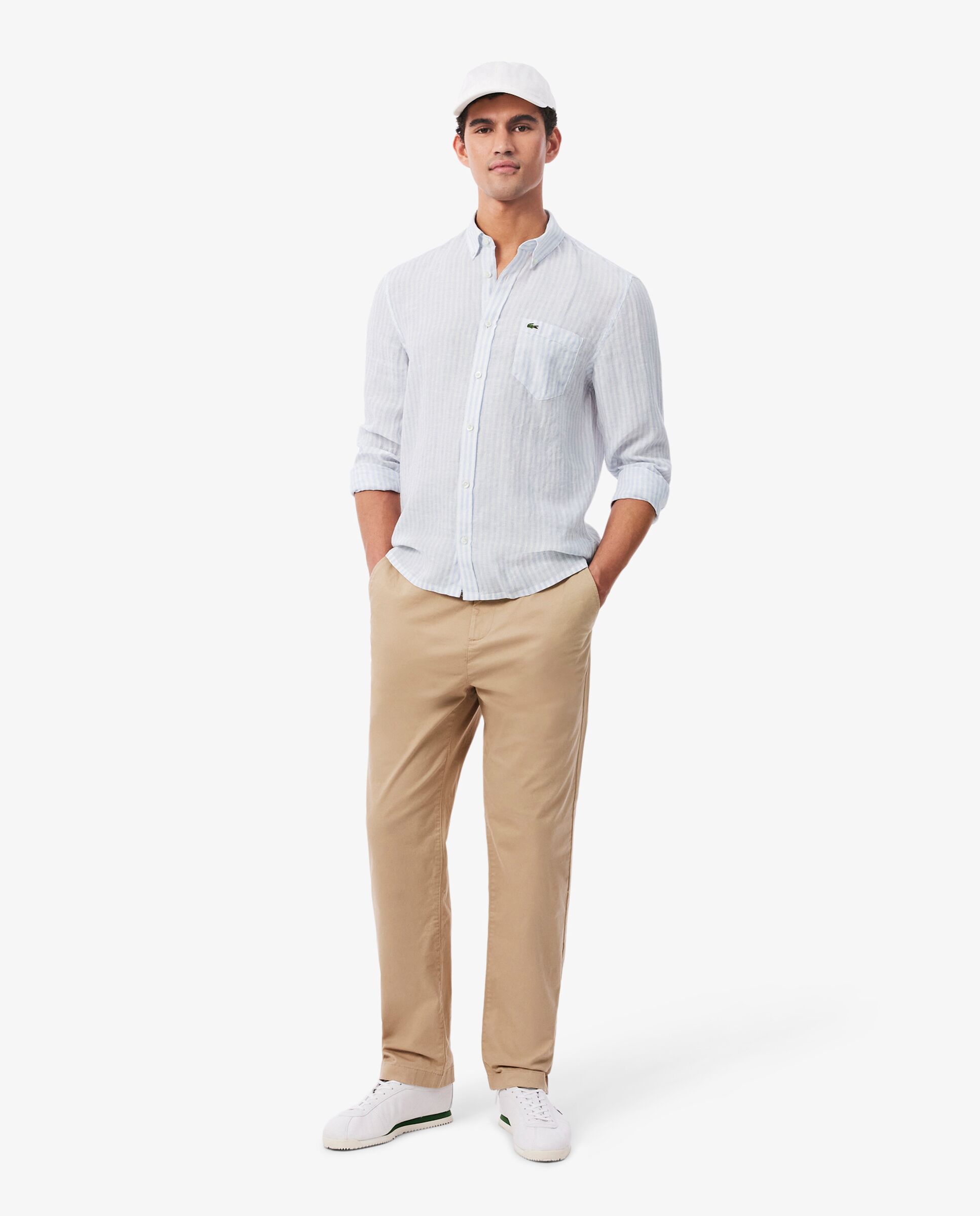 Imagen 4 de Camisa de hombre de lino de corte regular de rayas de manga larga - Azul claro Azul claro