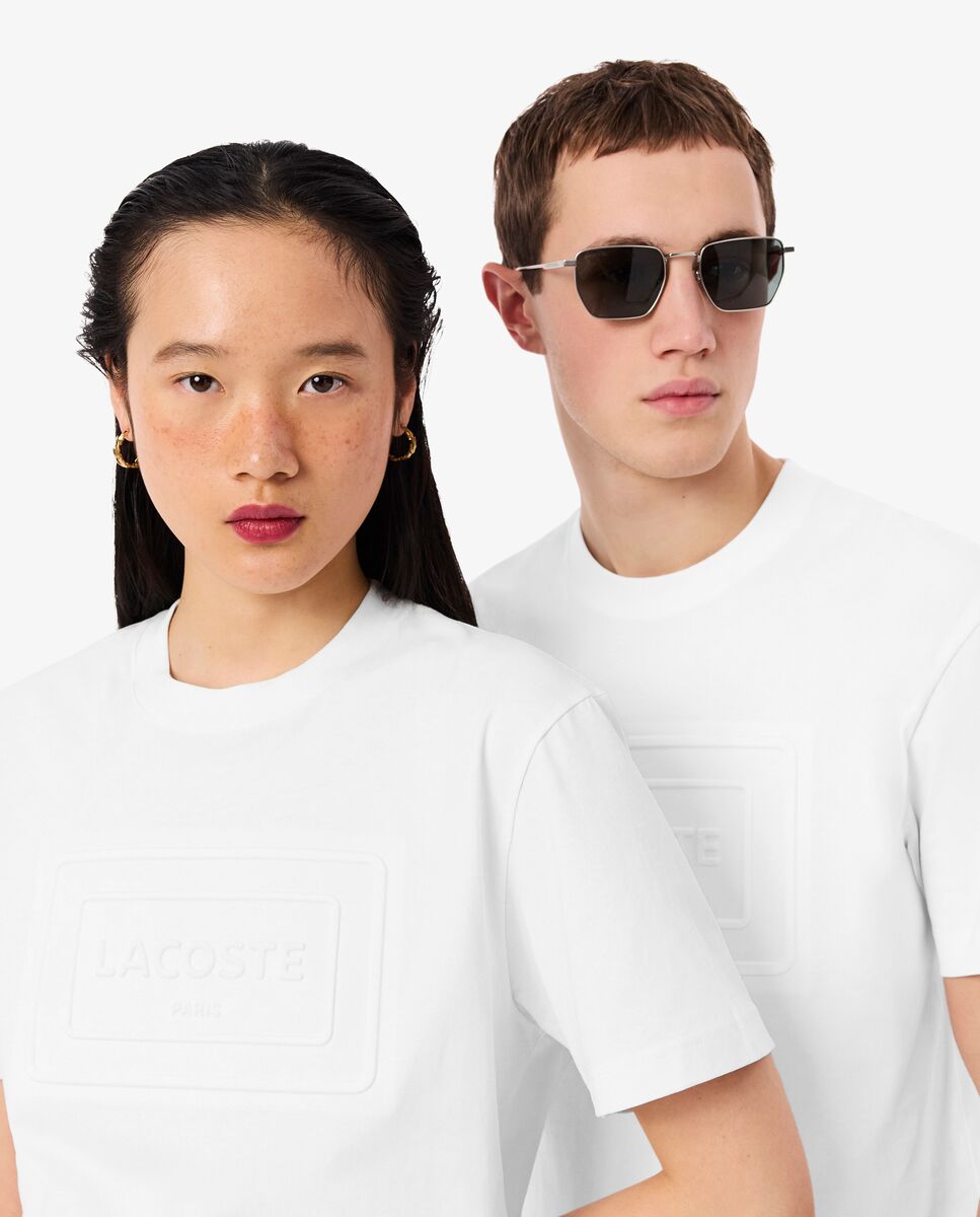 Camiseta unisex de algodón grueso marca en relieve en de manga corta - Lacoste - Blanco Blanco-3