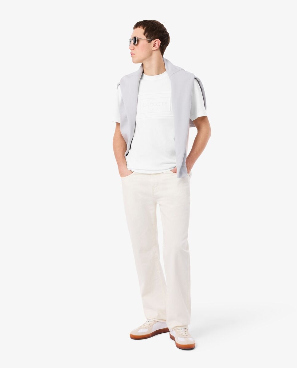 Camiseta unisex de algodón grueso marca en relieve en de manga corta - Lacoste - Blanco Blanco-4