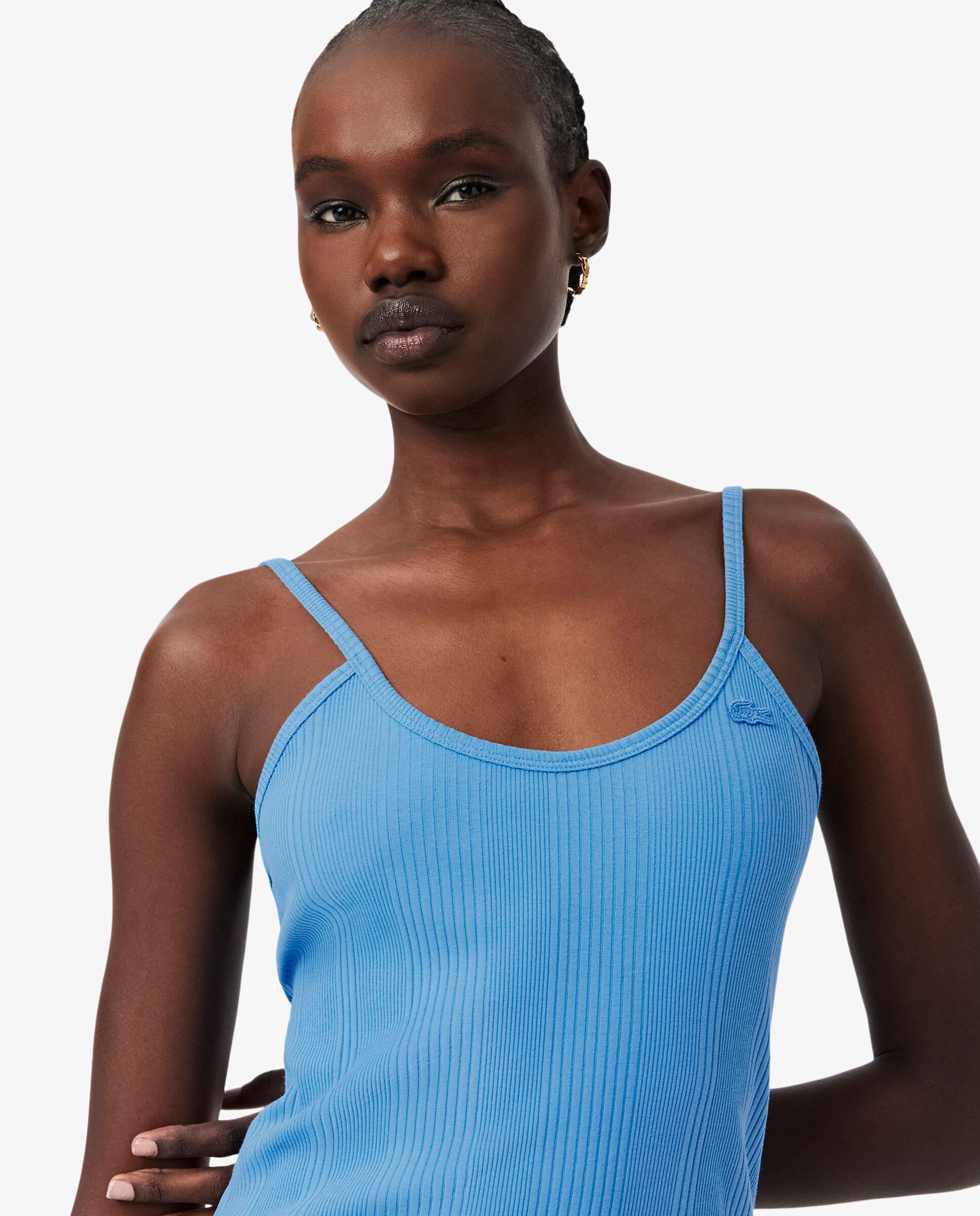 Vestido maxi de tirantes de canalé de algodón en azul de manga sin mangas - Lacoste - Azul Azul-3