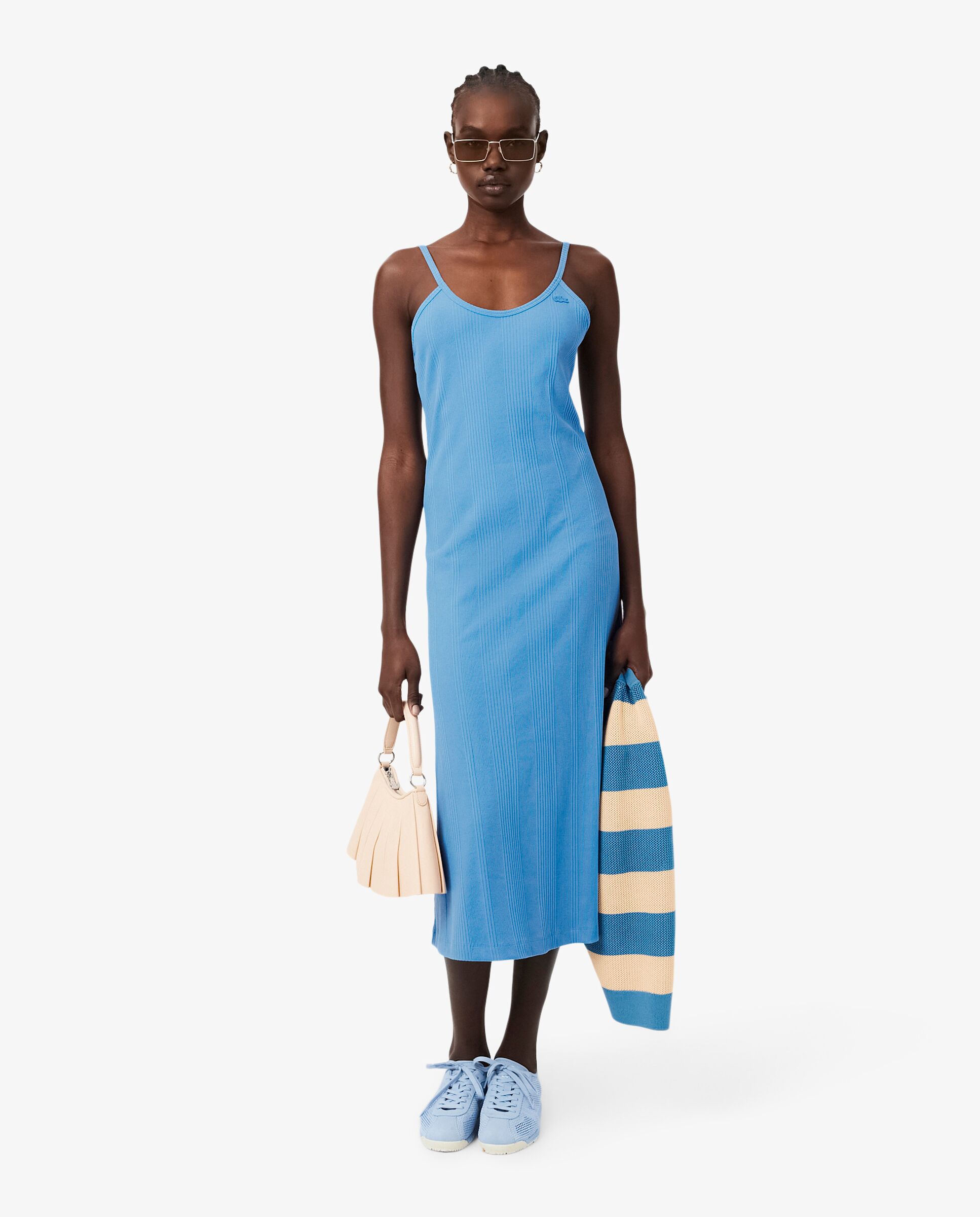 Vestido maxi de tirantes de canalé de algodón en azul de manga sin mangas - Lacoste - Azul Azul-4