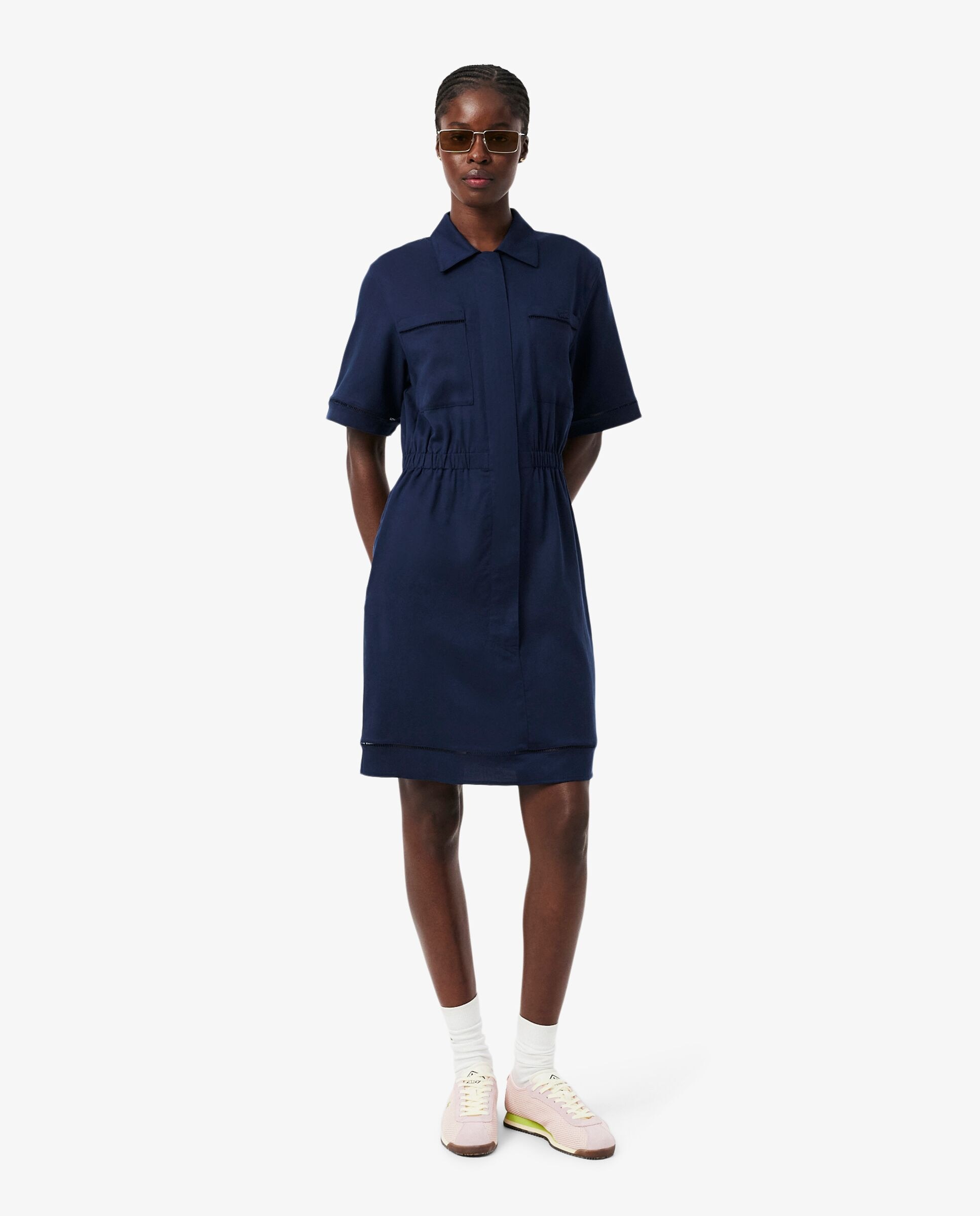Vestido camisero vaporoso de mezcla de lino en azul de manga corta - Lacoste - Azul marino Azul marino-1