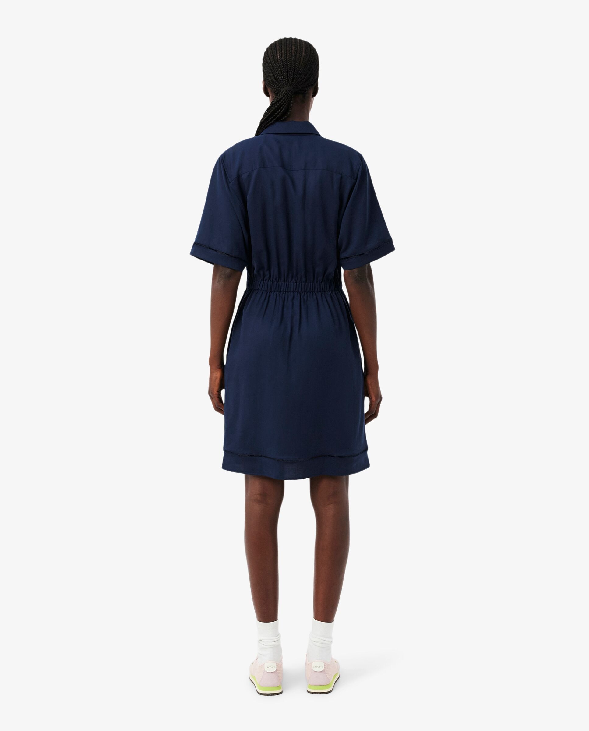Vestido camisero vaporoso de mezcla de lino en azul de manga corta - Lacoste - Azul marino Azul marino-2