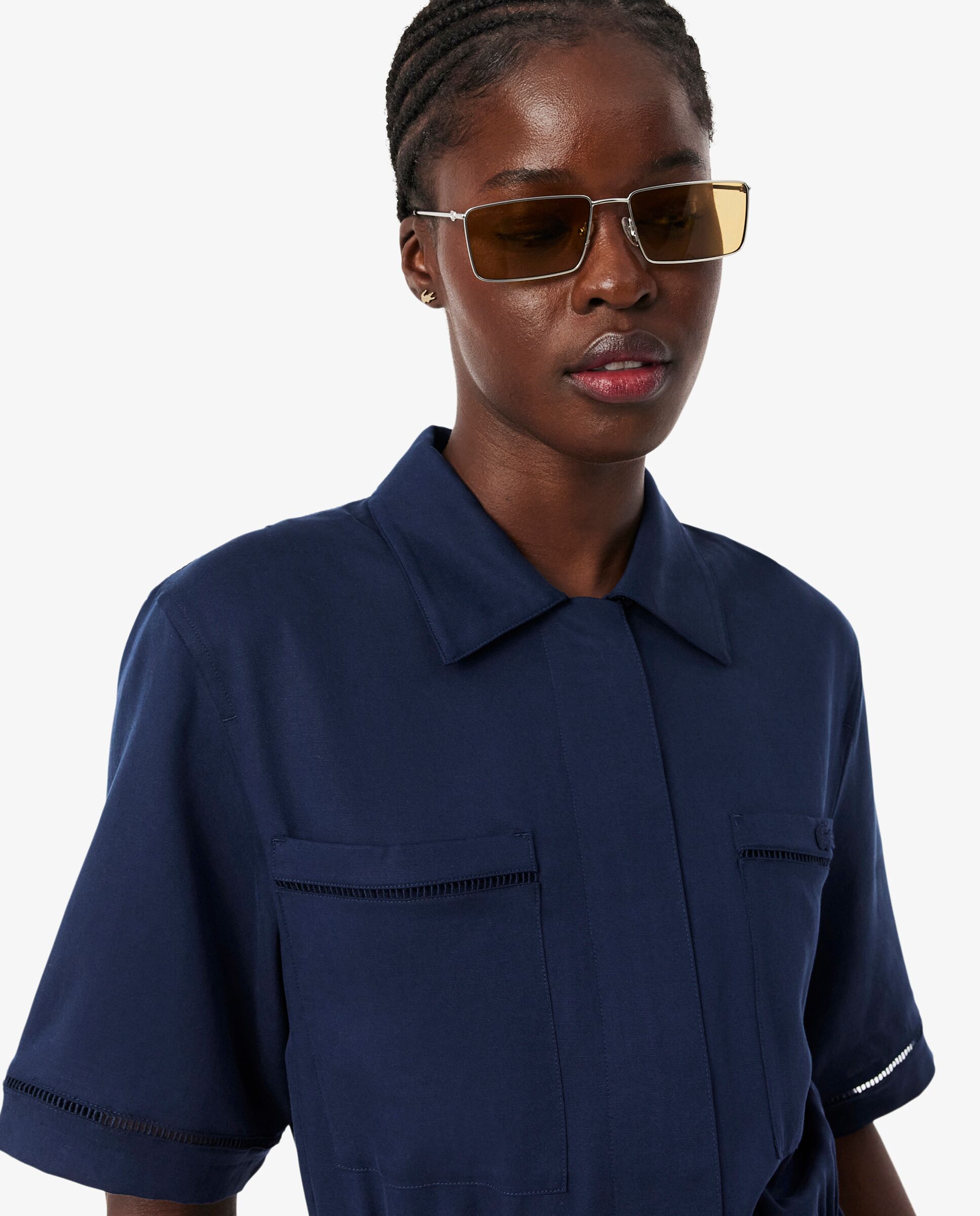 Vestido camisero vaporoso de mezcla de lino en azul de manga corta - Lacoste - Azul marino Azul marino-3