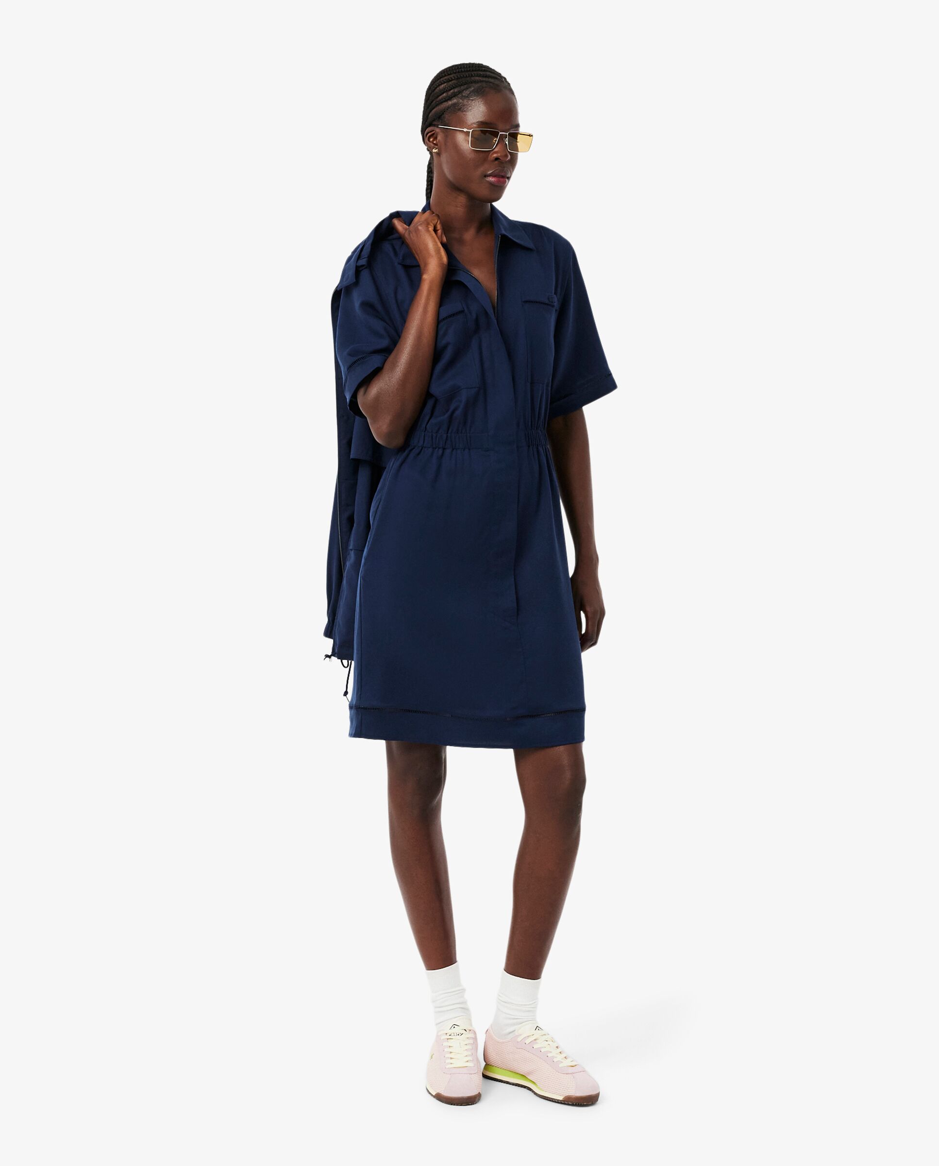 Vestido camisero vaporoso de mezcla de lino en azul de manga corta - Lacoste - Azul marino Azul marino-4