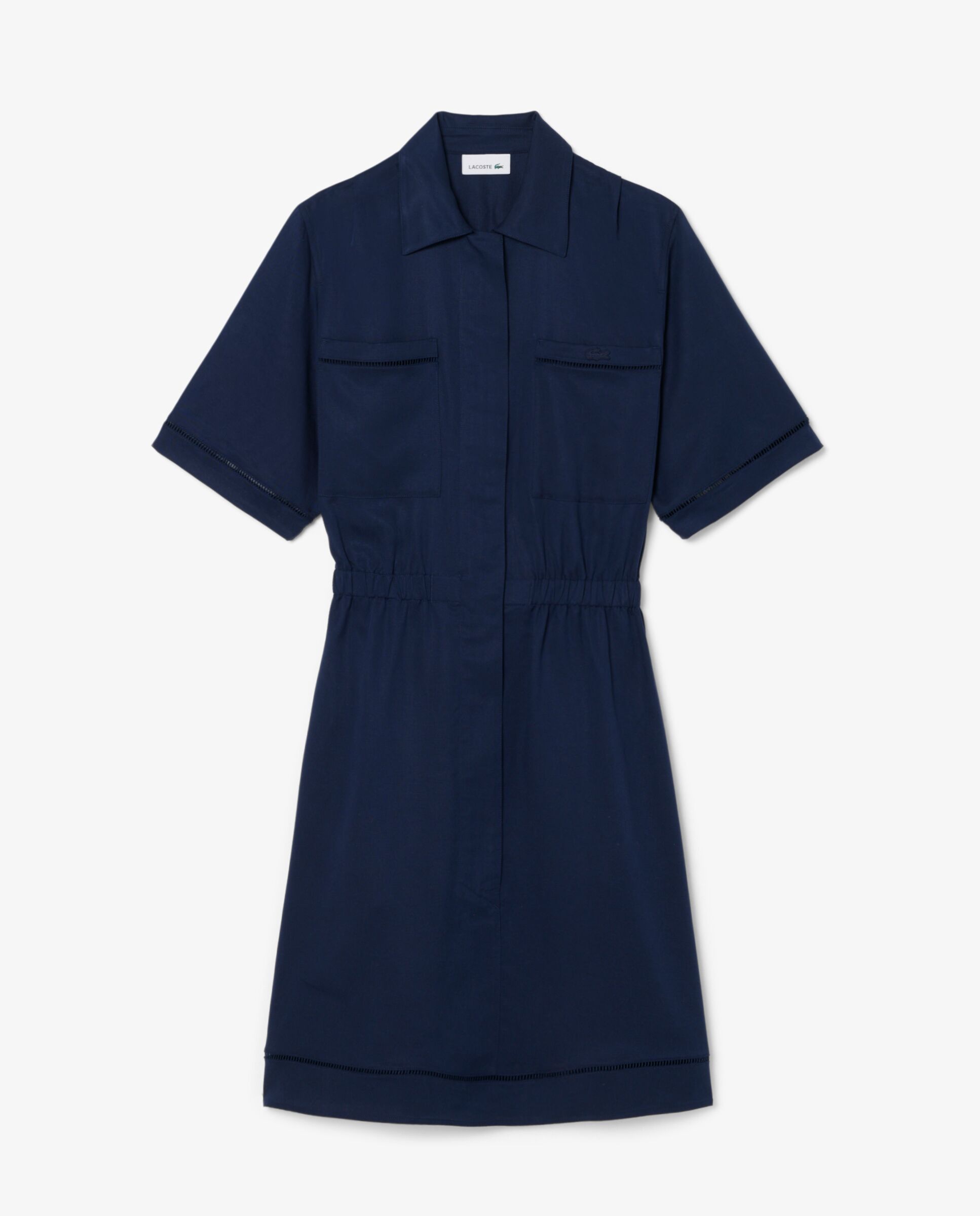 Vestido camisero vaporoso de mezcla de lino en azul de manga corta - Lacoste - Azul marino Azul marino-5