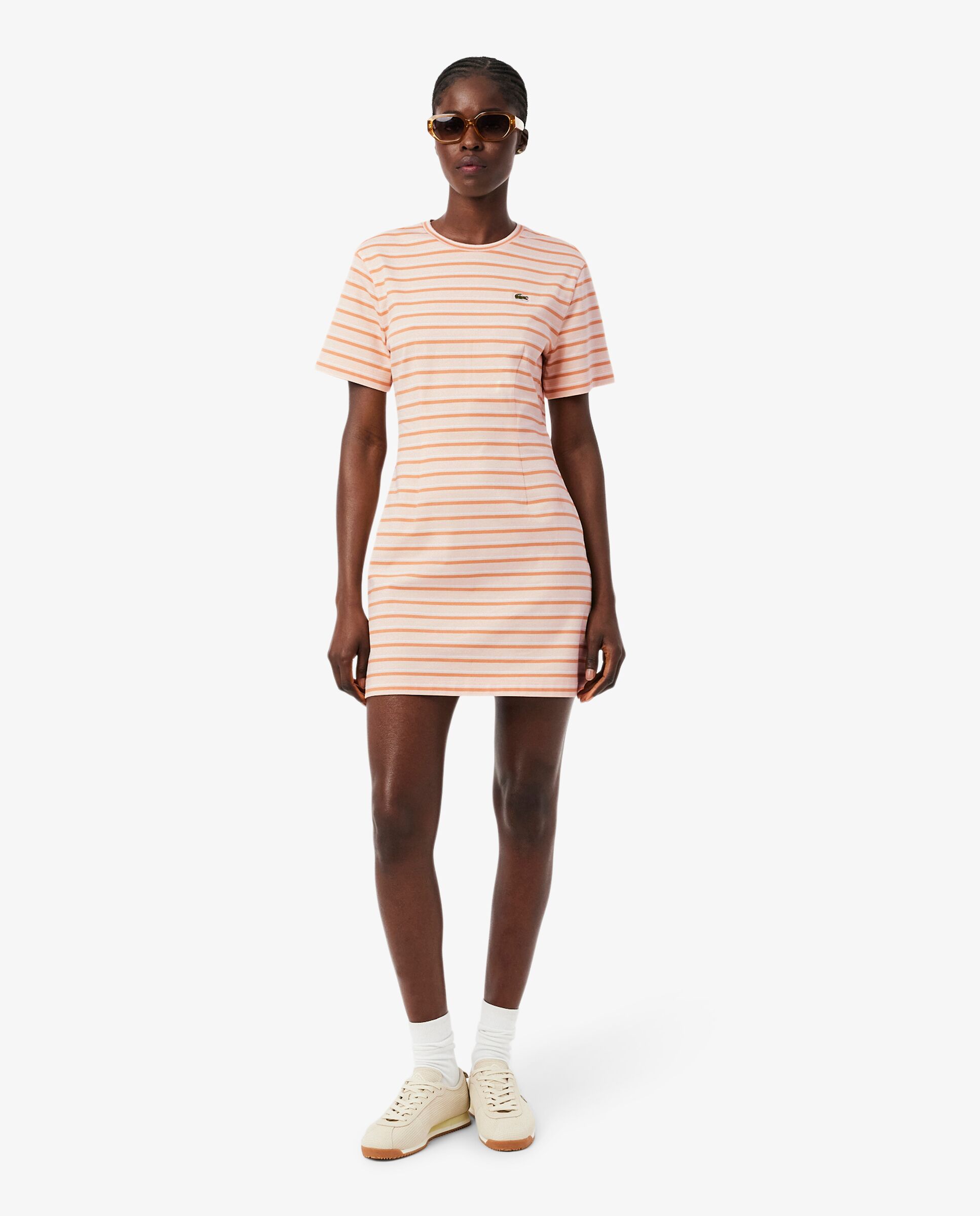 Vestido camisero de algodón de rayas en rose pale / orange / blanc de manga corta - Lacoste - Rosa Rosa-1