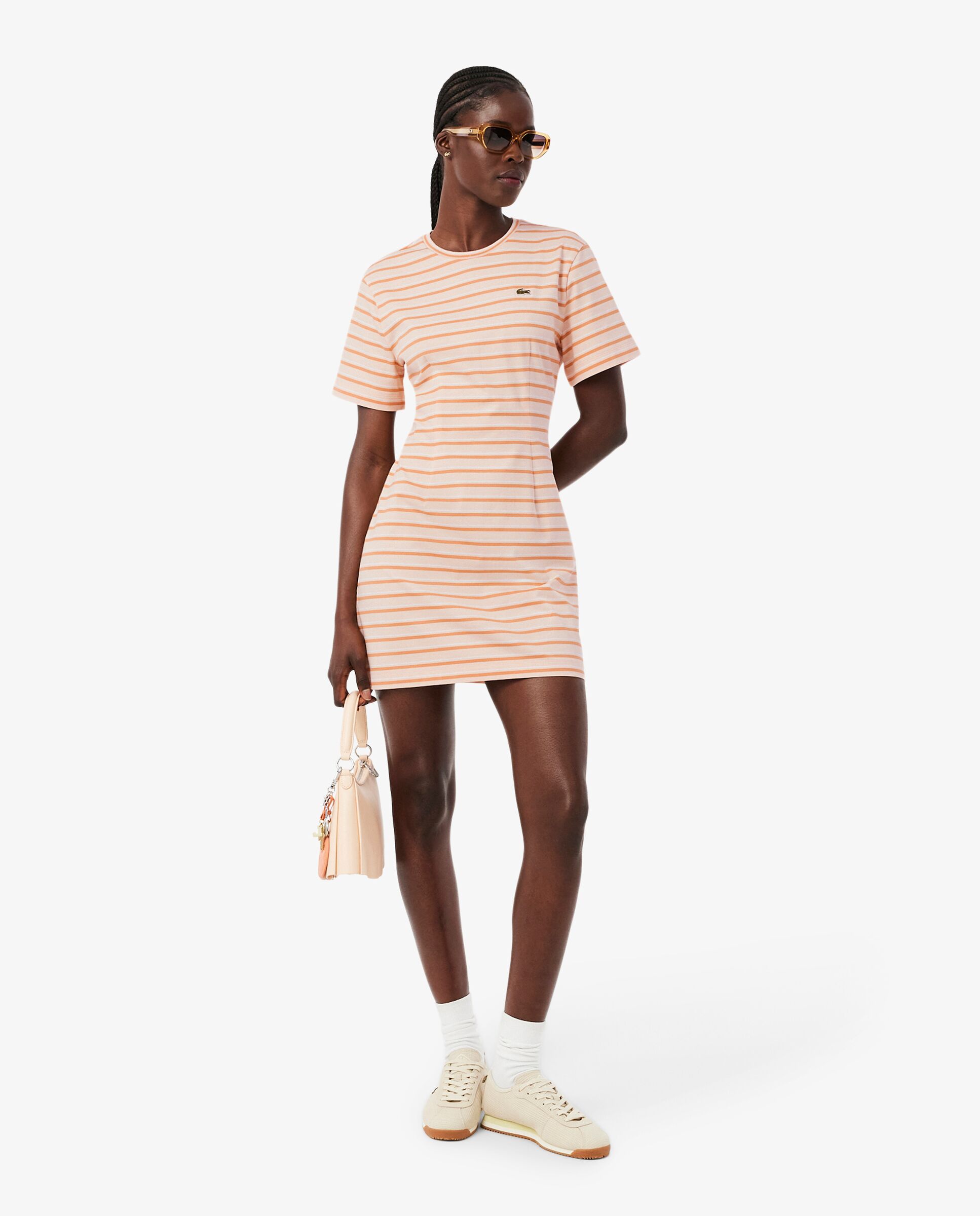 Vestido camisero de algodón de rayas en rose pale / orange / blanc de manga corta - Lacoste - Rosa Rosa-4