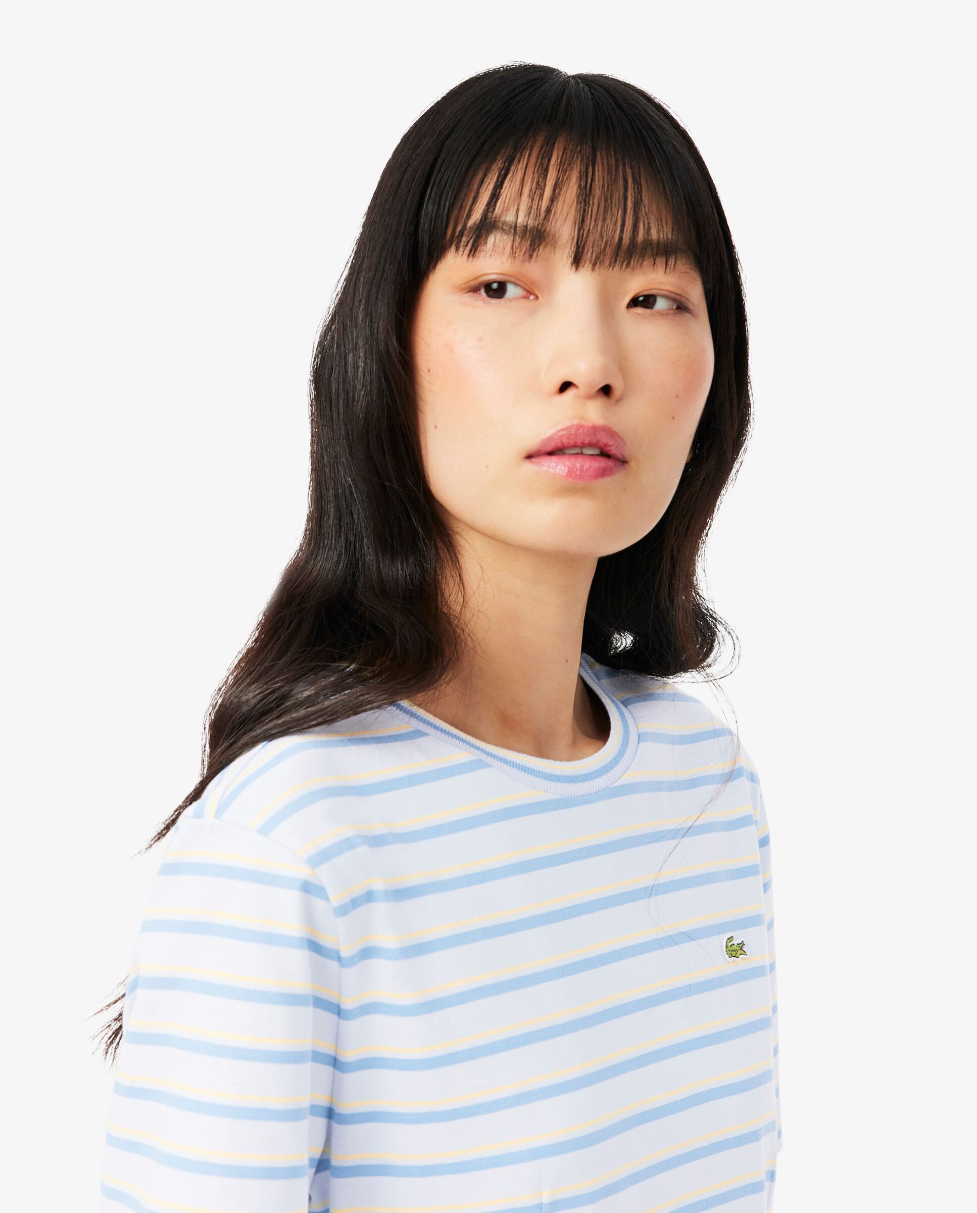 Vestido camisero de algodón de rayas en rose pale / orange / blanc de manga corta - Lacoste - Azul claro Azul claro-3