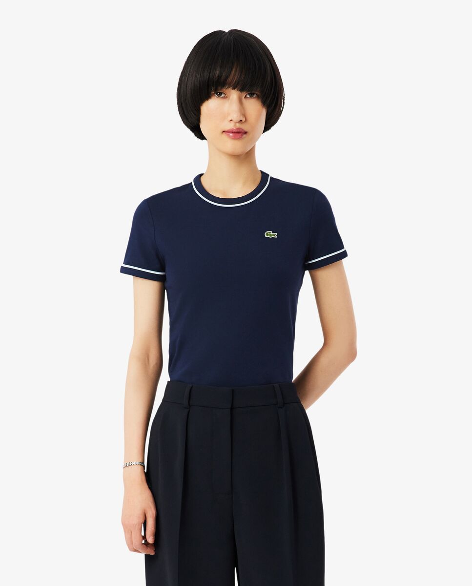 Camiseta de mujer de punto con ribete en contraste de manga corta - Lacoste - Azul Azul-1
