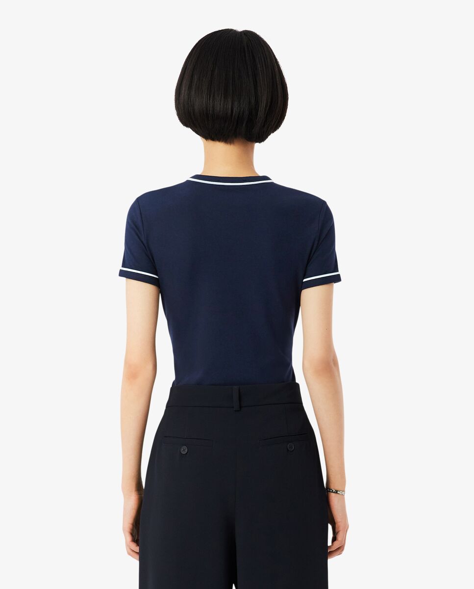Camiseta de mujer de punto con ribete en contraste de manga corta - Lacoste - Azul Azul-3