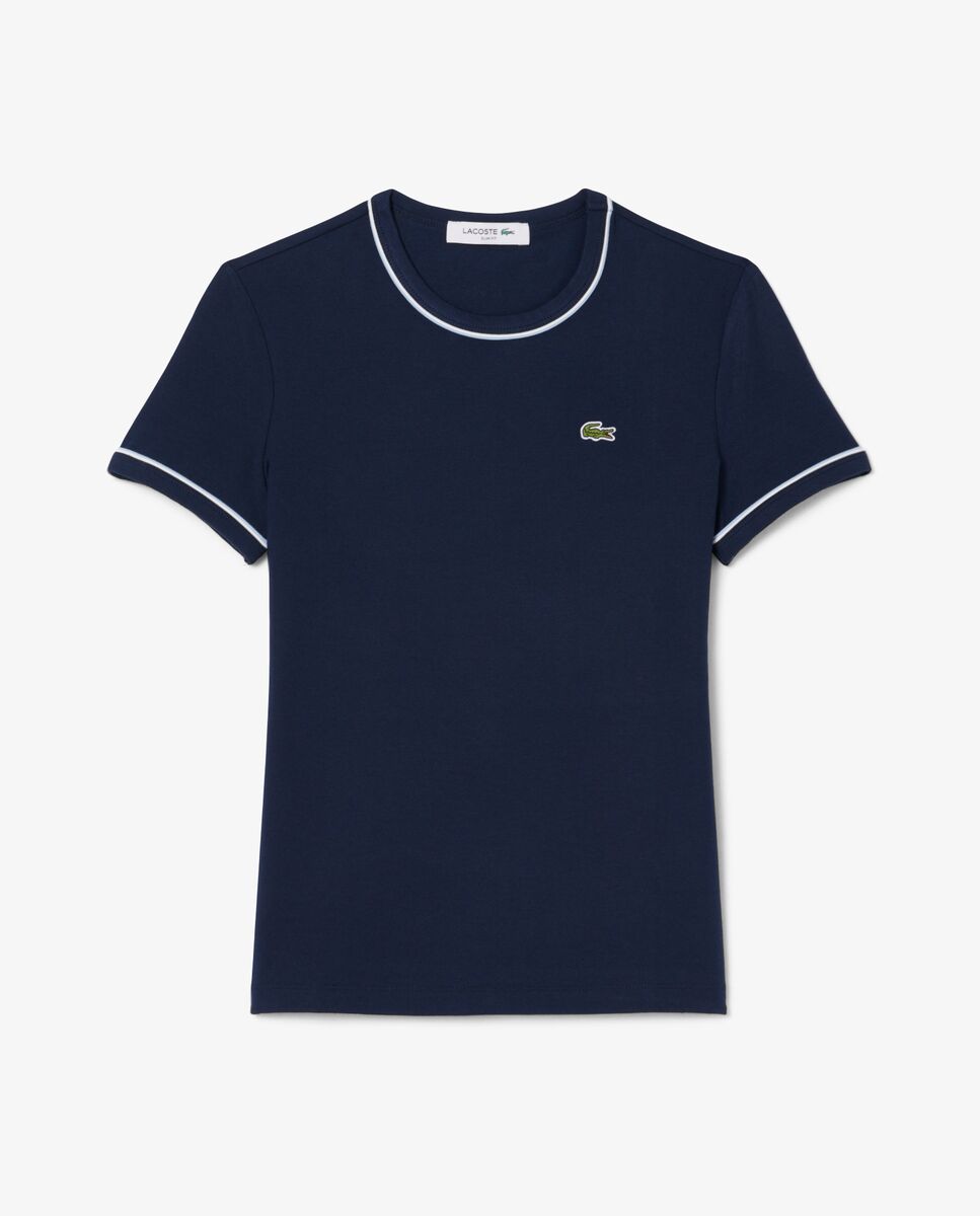 Camiseta de mujer de punto con ribete en contraste de manga corta - Lacoste - Azul Azul-6