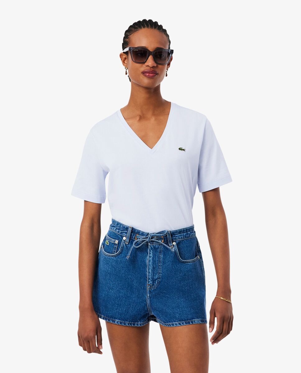 Camiseta de mujer de corte holgado con cuello de pico de algodón suave de manga corta - Lacoste - Azul claro Azul claro-1