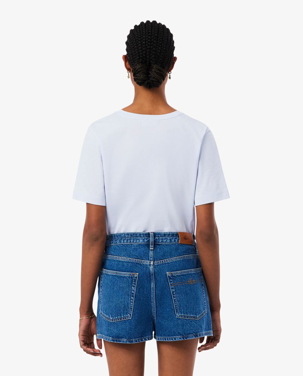 Camiseta de mujer de corte holgado con cuello de pico de algodón suave de manga corta - Lacoste - Azul claro Azul claro-3
