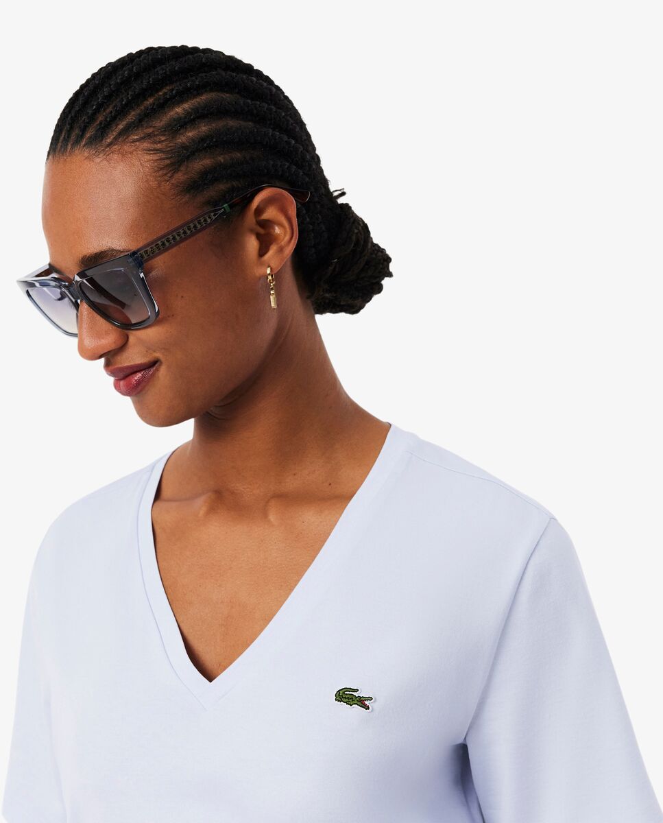 Camiseta de mujer de corte holgado con cuello de pico de algodón suave de manga corta - Lacoste - Azul claro Azul claro-4