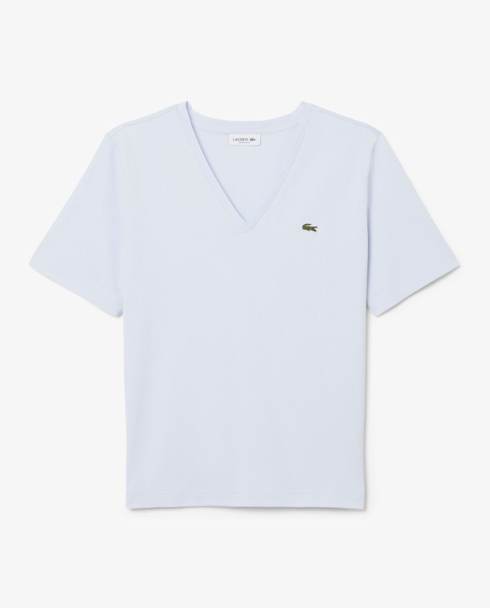 Camiseta de mujer de corte holgado con cuello de pico de algodón suave de manga corta - Lacoste - Azul claro Azul claro-6