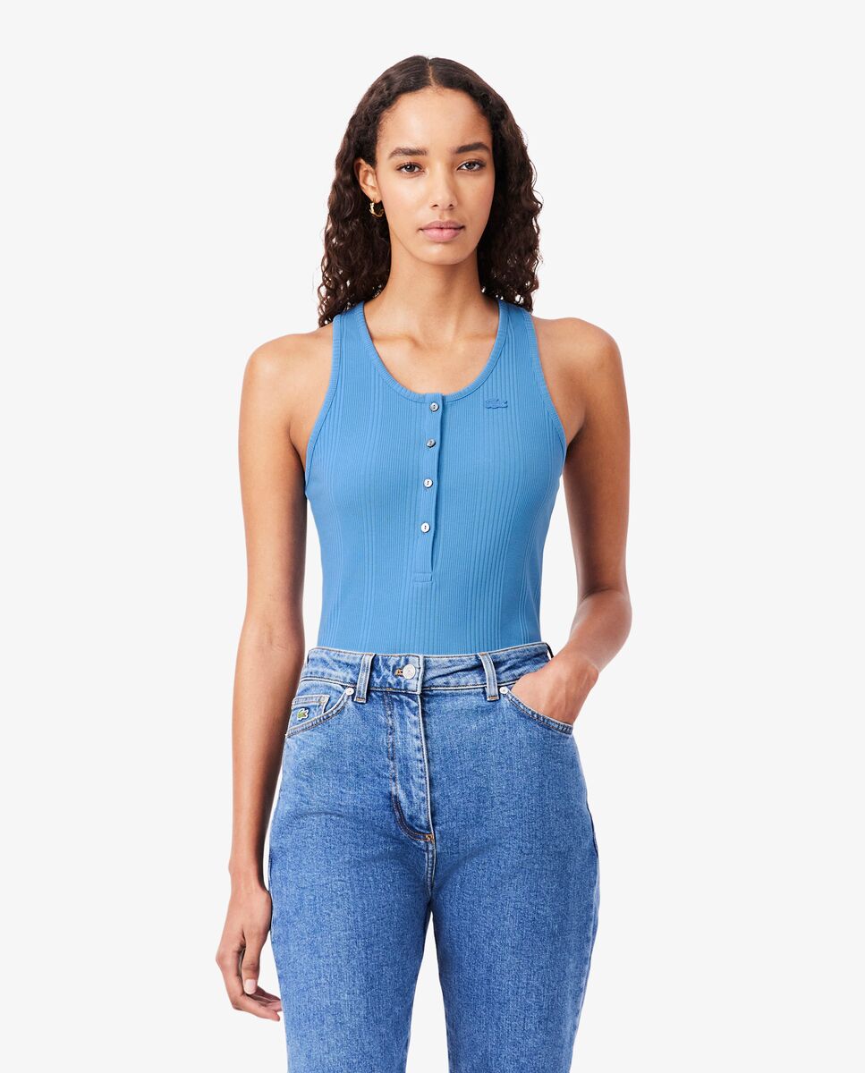 Camiseta de tirantes de corte ajustado de canalé de algodón en azul de manga corta - Lacoste - Azul Azul-1