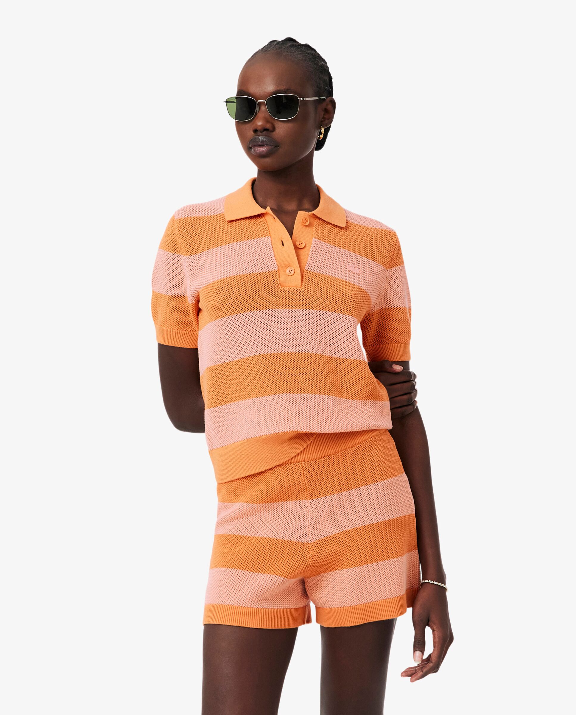 Jersey de cuello polo de mujer de punto de malla con rayas - Lacoste - Naranja Naranja-1