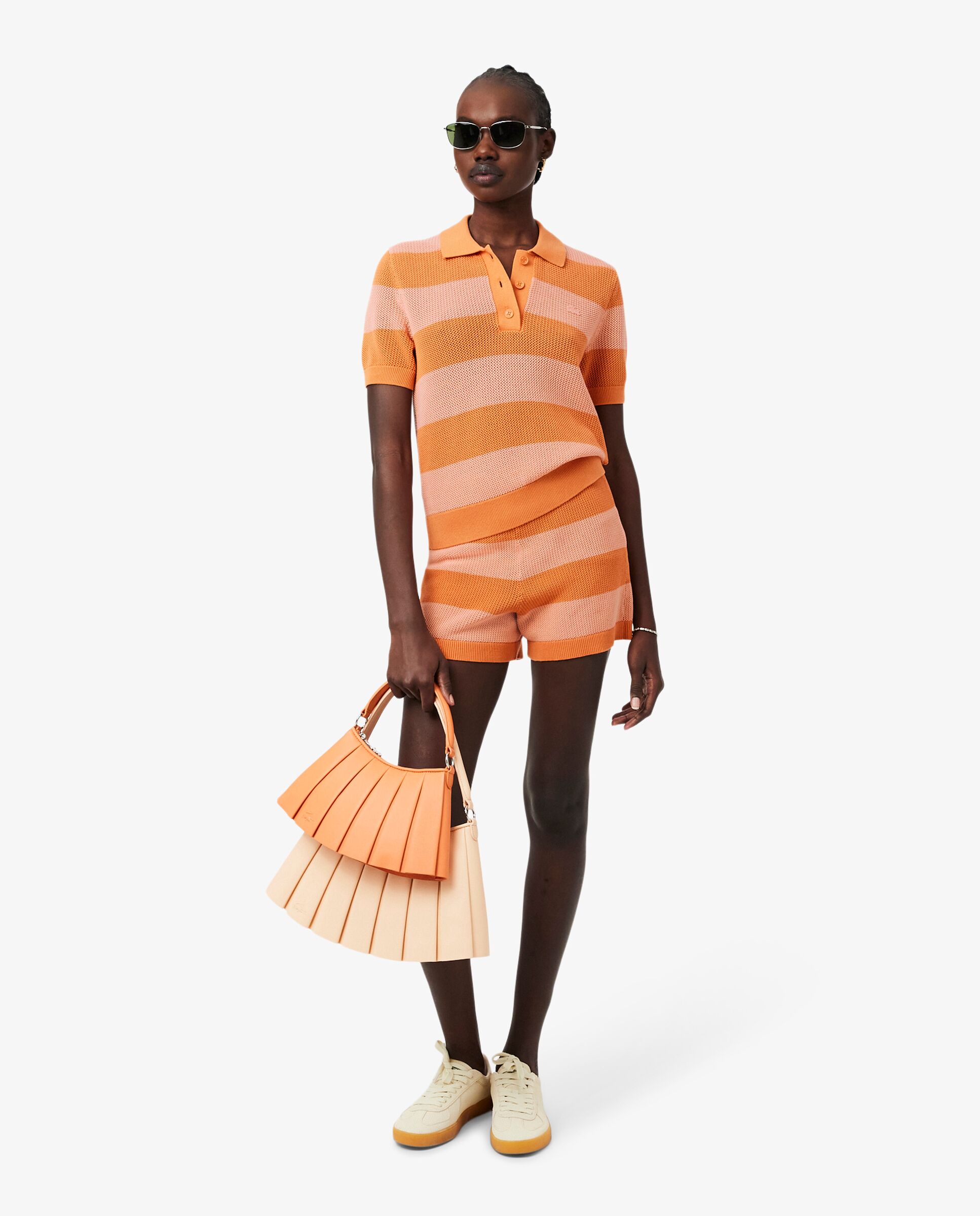 Jersey de cuello polo de mujer de punto de malla con rayas - Lacoste - Naranja Naranja-4