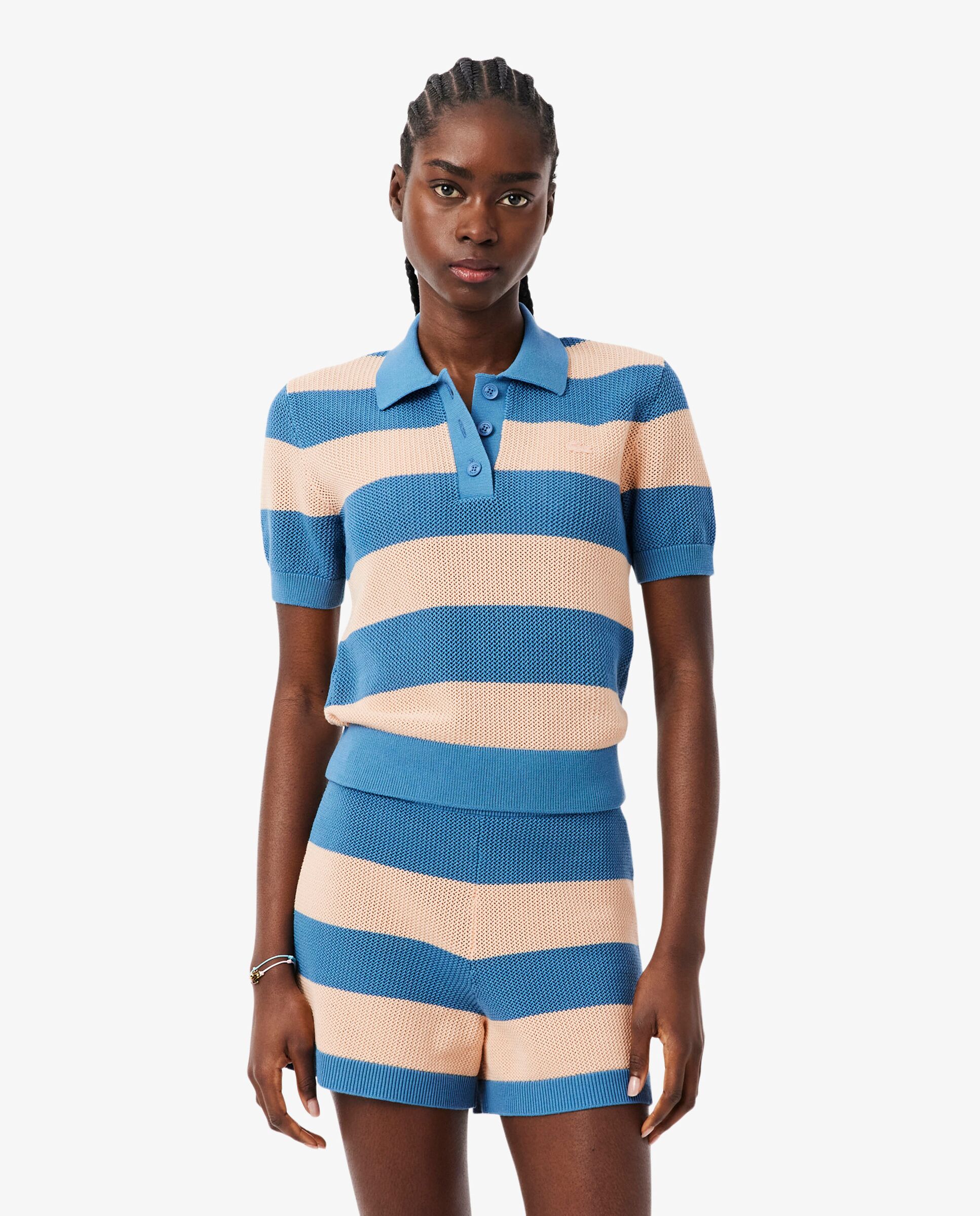 Jersey de cuello polo de mujer de punto de malla con rayas - Lacoste - Rosa Rosa-1