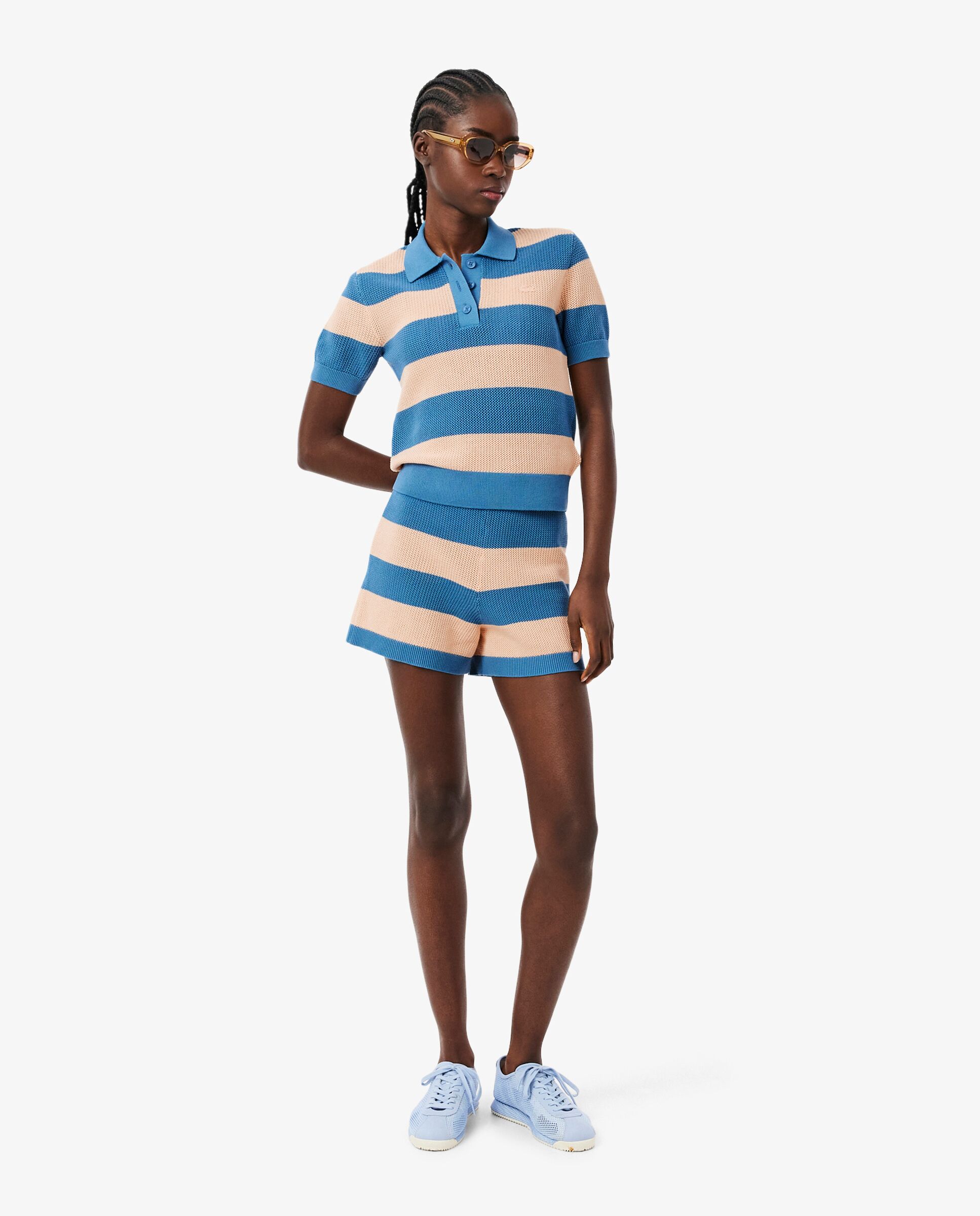 Jersey de cuello polo de mujer de punto de malla con rayas - Lacoste - Rosa Rosa-4