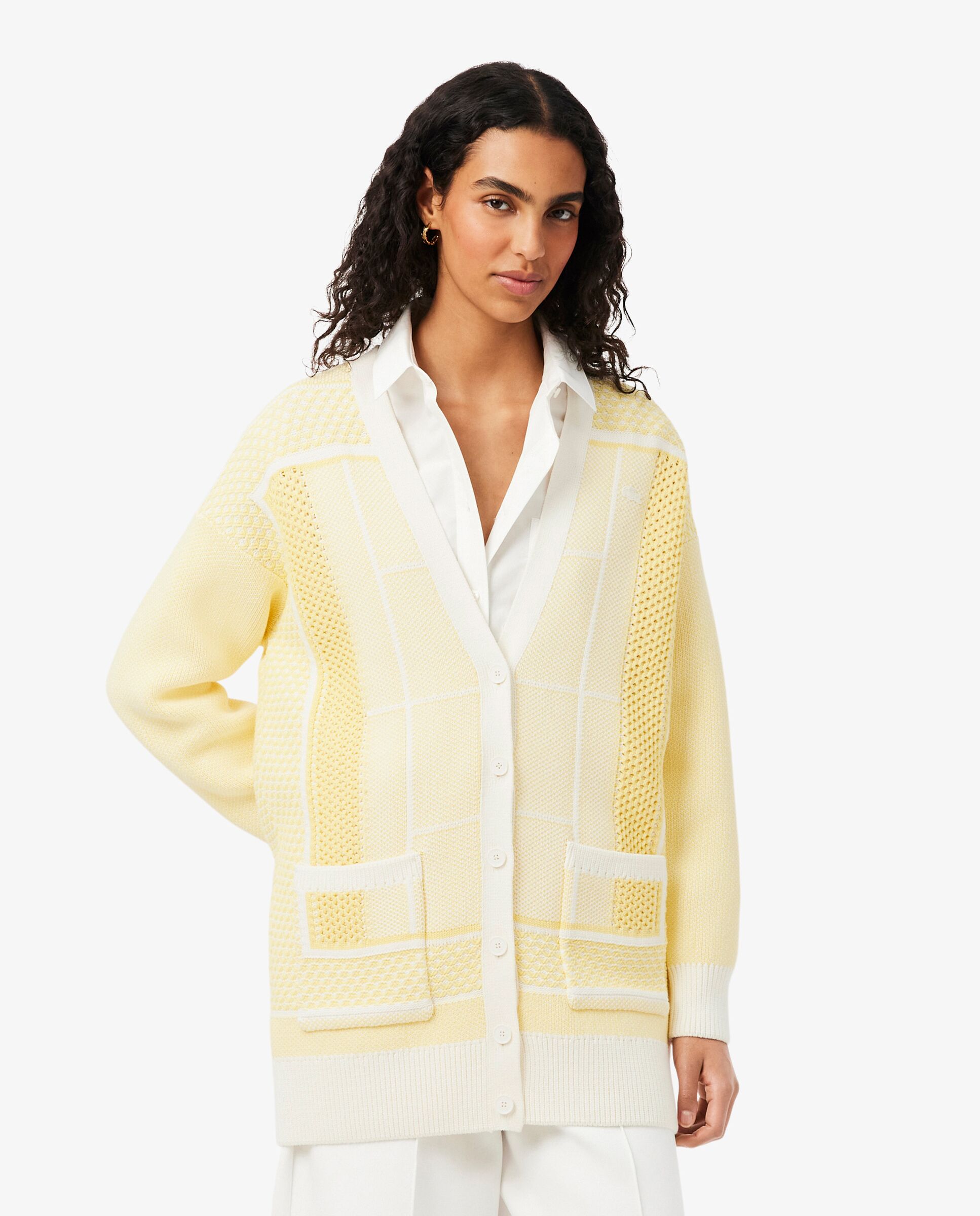 Chaqueta de mujer de punto larga de jacquard con pista de tenis en blanco de manga larga - Lacoste - Blanco Blanco-1