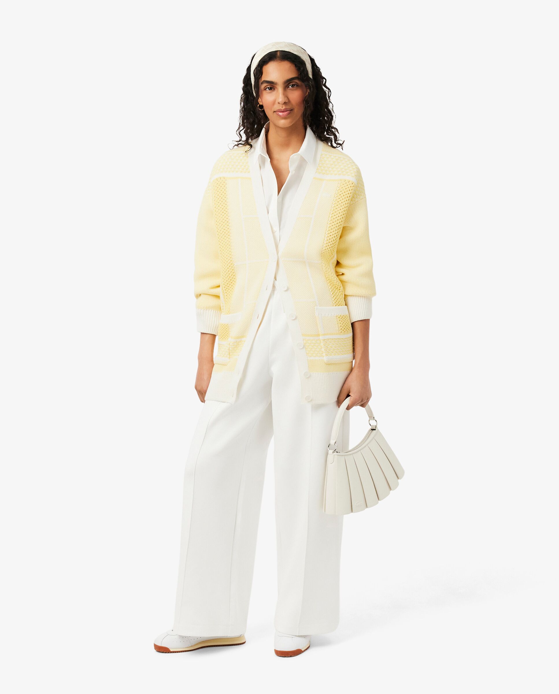 Chaqueta de mujer de punto larga de jacquard con pista de tenis en blanco de manga larga - Lacoste - Blanco Blanco-3