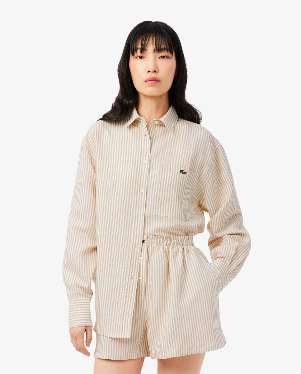 Camisa de mujer oversized de mezcla de lino en rosa de manga larga - Lacoste - Beige Beige-1