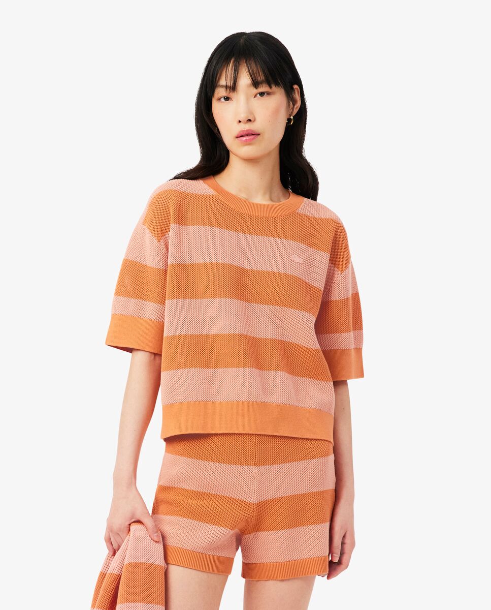 Camiseta de mujer de punto de malla con rayas en azul de manga corta - Lacoste - Naranja Naranja-1