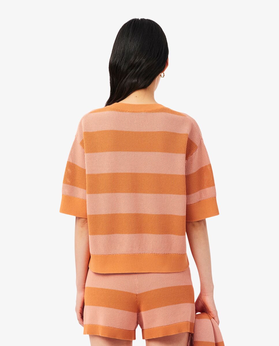 Camiseta de mujer de punto de malla con rayas en azul de manga corta - Lacoste - Naranja Naranja-2