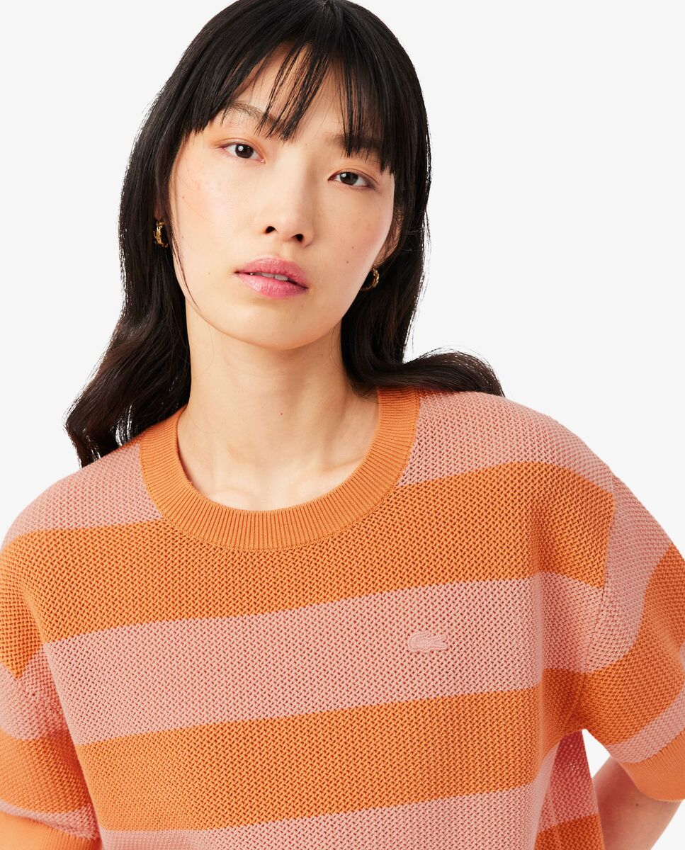 Camiseta de mujer de punto de malla con rayas en azul de manga corta - Lacoste - Naranja Naranja-3