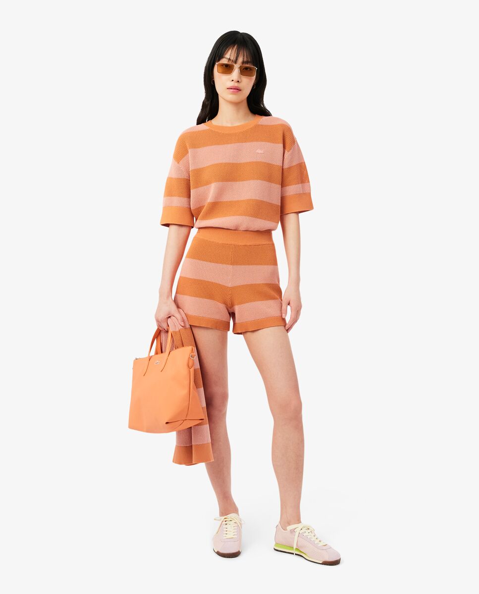 Camiseta de mujer de punto de malla con rayas en azul de manga corta - Lacoste - Naranja Naranja-4