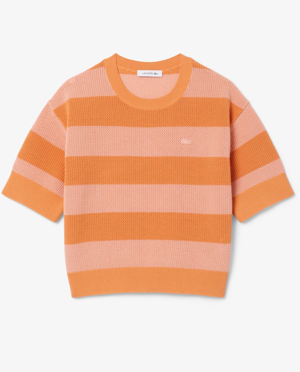 Camiseta de mujer de punto de malla con rayas en azul de manga corta - Lacoste - Naranja Naranja-5